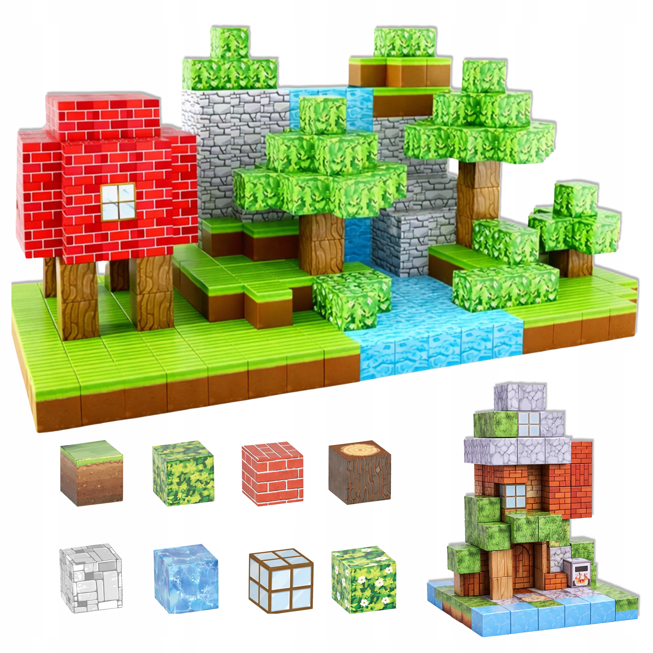 Klocki w stylu Minecraft przedstawiające pejzaż, sześciany tekstur i wysoką wieżę.