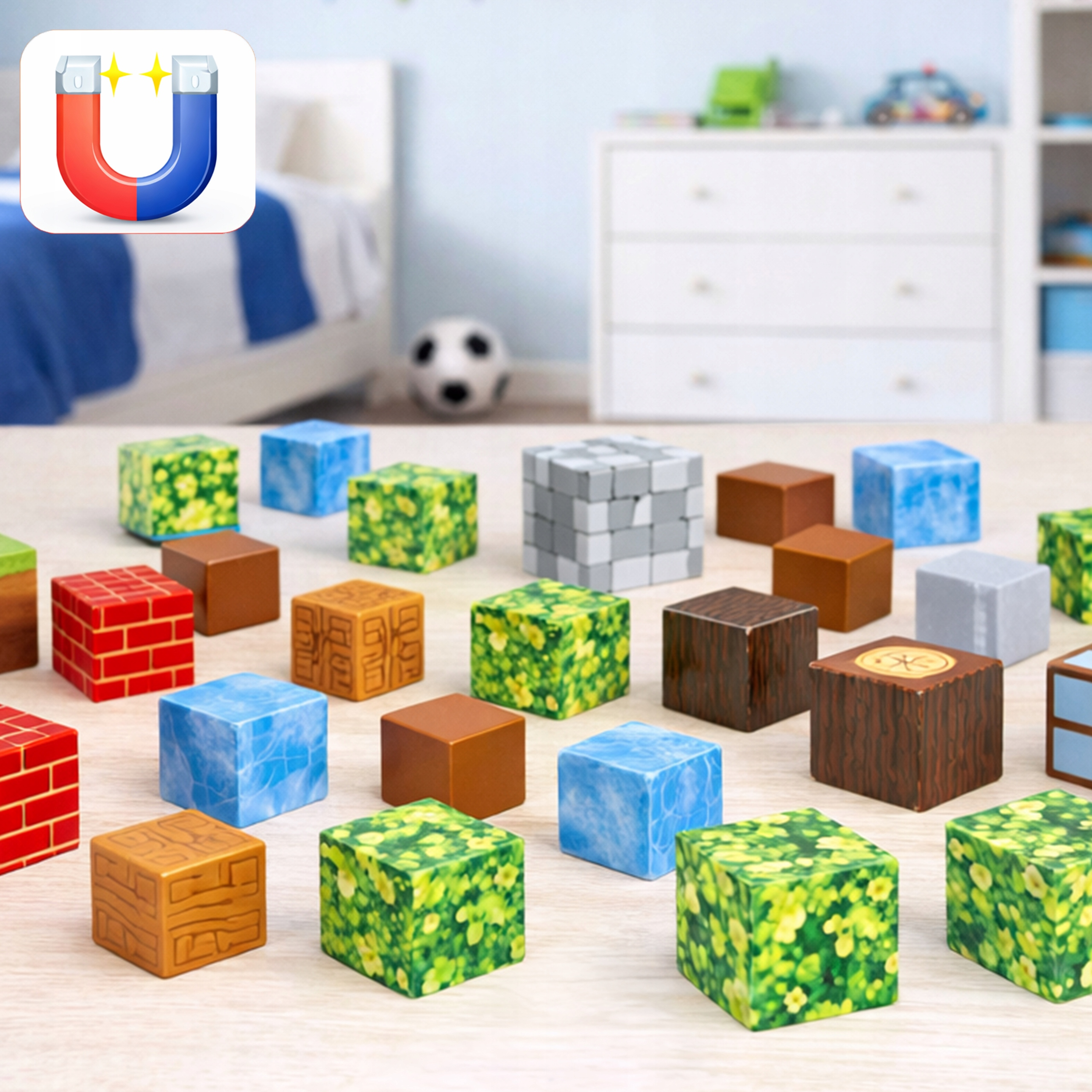 Kolorowe klocki w stylu Minecraft są rozrzucone na stole przed rozmytym pokoju dziecięcym.