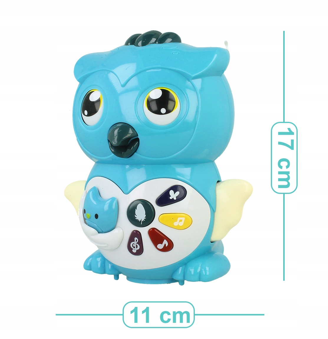 Niebieska plastikowa zabawka sowa z kolorowymi przyciskami, o wymiarach 17 cm wysokości i 11 cm szerokości.