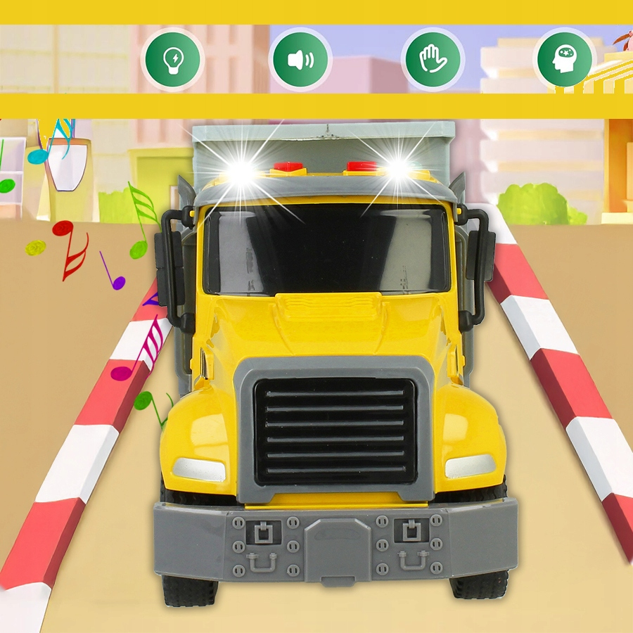 Żółta ciężarówka-zabawka z włączonymi światłami na drodze z czerwono-białymi oznaczeniami i nutami.
