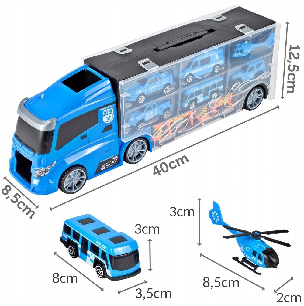 Niebieska zabawka policyjna ciężarówka transportowa z walizką zawierającą auta i helikopter, z wymiarami.