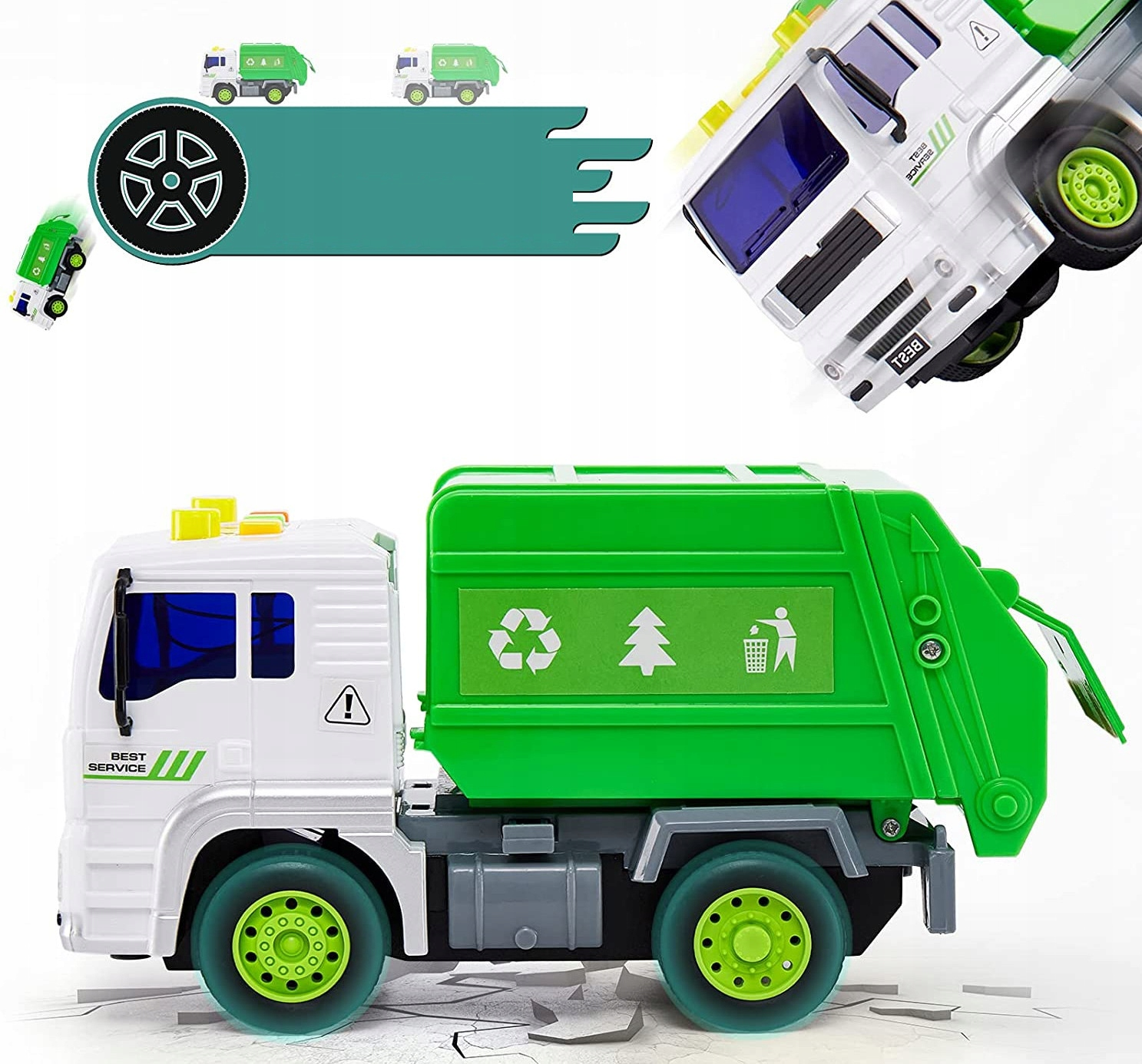 Biało-zielona zabawka śmieciarka z symbolami recyklingu.