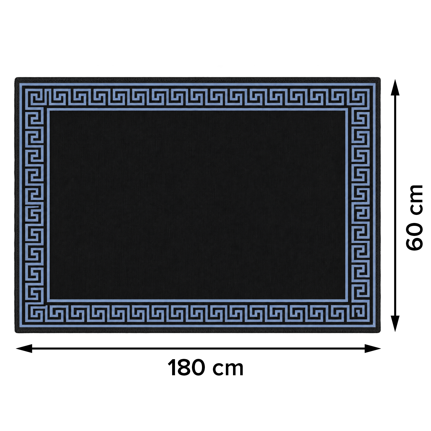 Czarna mata z niebieskim greckim wzorem, o wymiarach 180x60 cm ze strzałkami wymiarowymi.