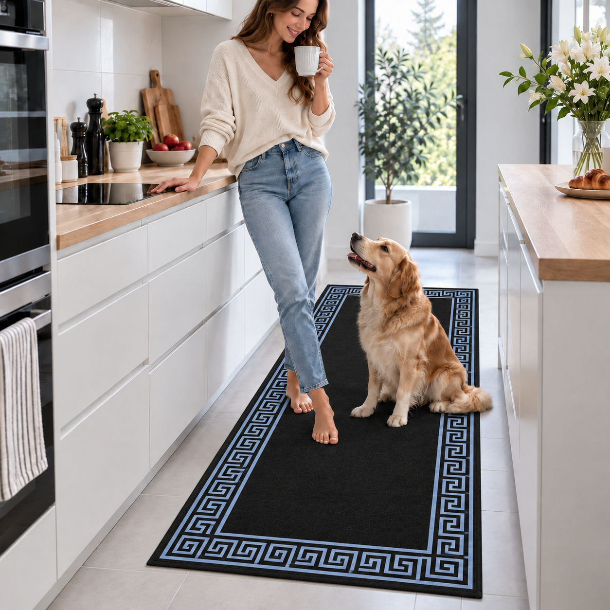 Kobieta trzymająca kubek stoi w kuchni obok siedzącego Golden Retrivera na czarno-niebieskim dywaniku.