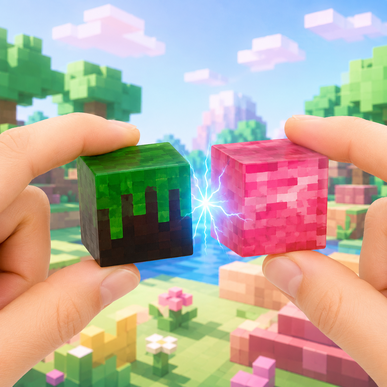 Dwie dłonie trzymają bloki Minecrafta z iskrzącą elektrycznością między nimi, na tle blokowego krajobrazu.