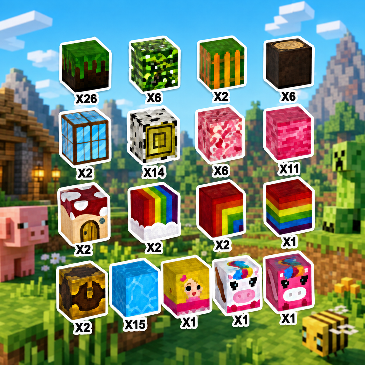 Scena z gry Minecraft przedstawiająca kolorowe bloki, świnie, creepera i pszczołę w krajobrazie.