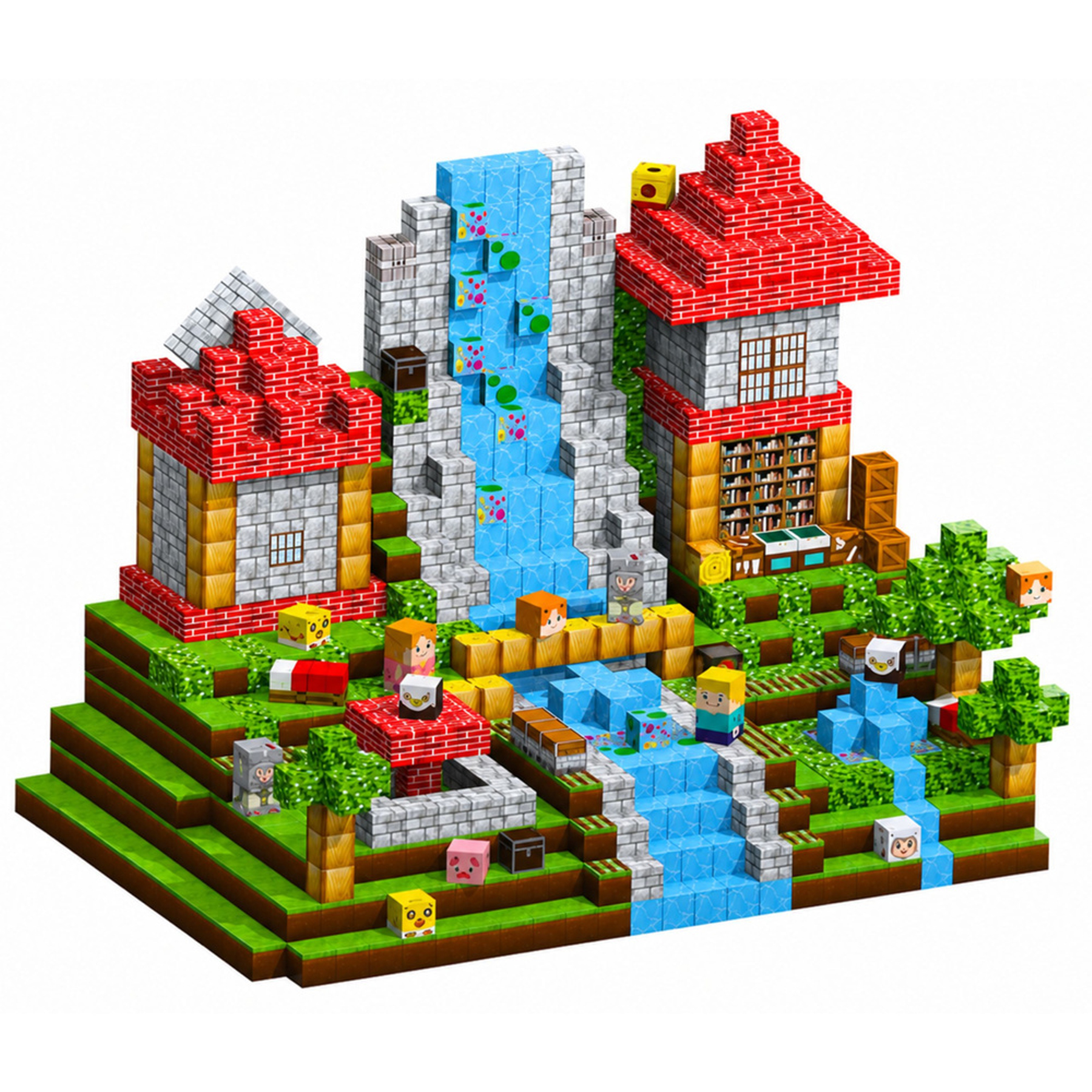 Plastikowy zestaw zabawkowy Minecraft z domami, wodospadami, drzewami i postaciami na zielonej bazie.