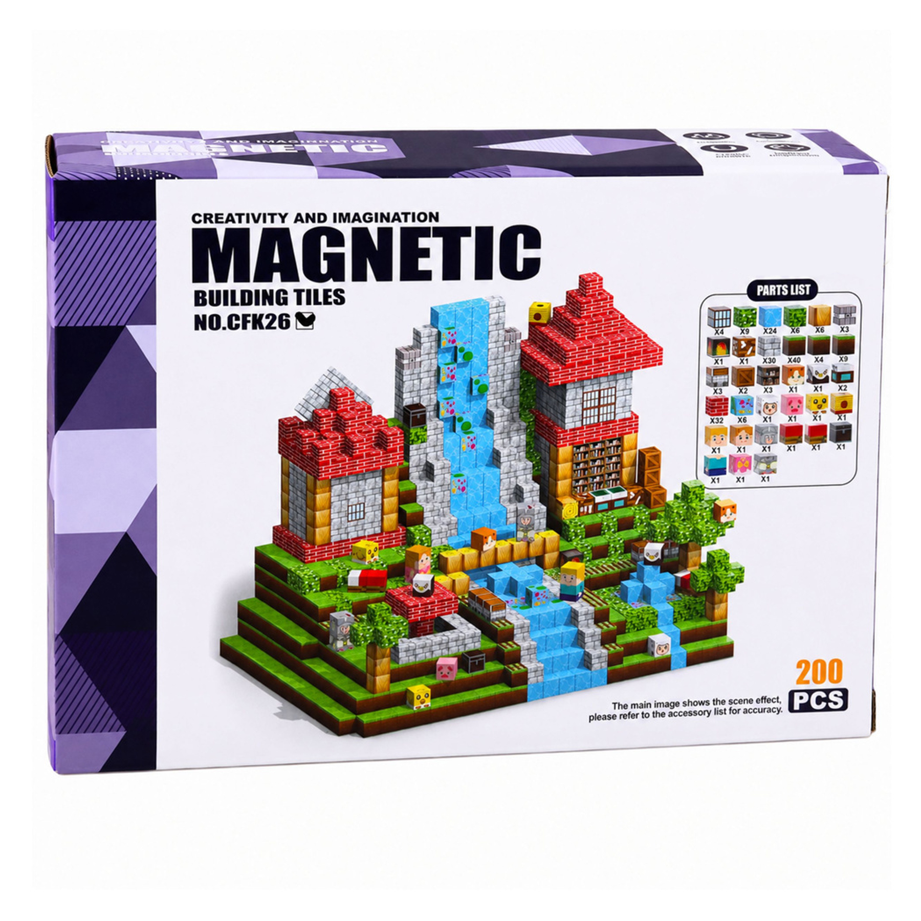 Pudełko z magnetycznymi klockami przedstawiające krajobraz w stylu Minecraft z budynkami i wodospadem.