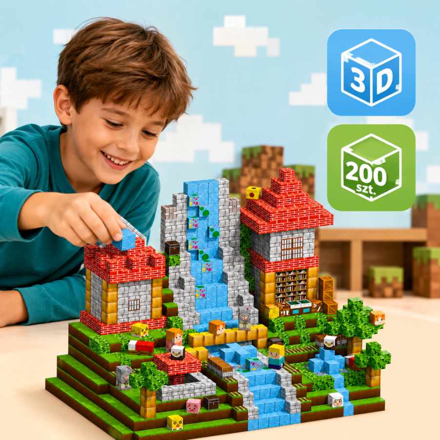 Chłopiec buduje kolorowy model Minecrafta z konstrukcjami z klocków, wodospadami i małymi figurkami.