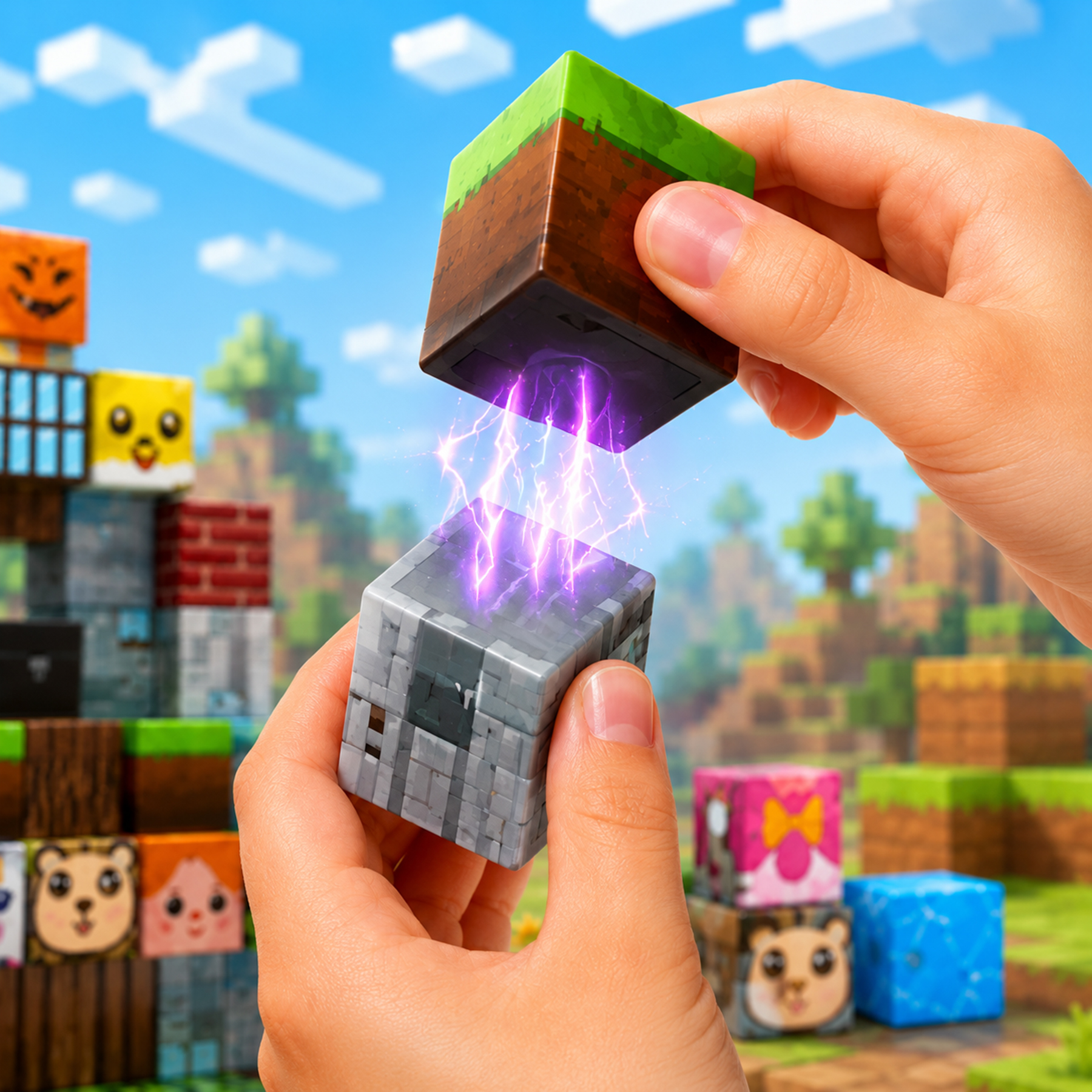 Ręce trzymają bloki Minecrafta z fioletowymi magicznymi błyskawicami, na tle pikselowego krajobrazu.