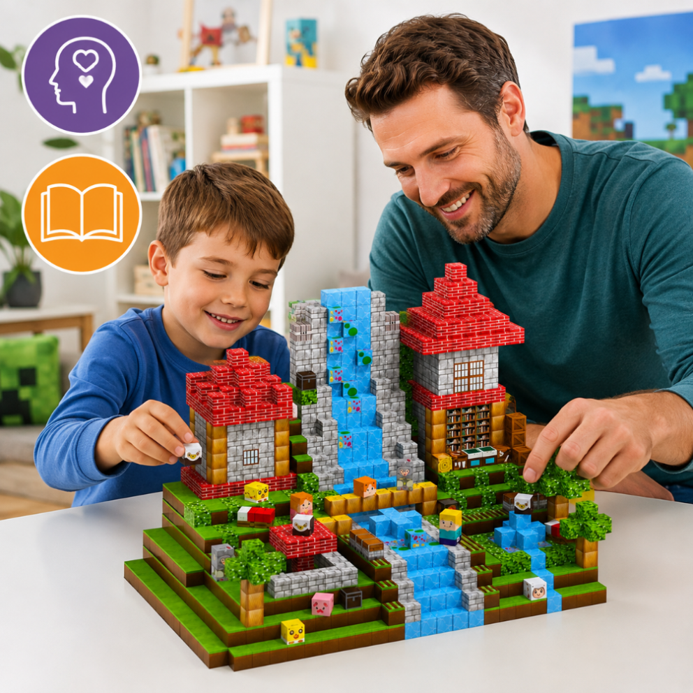 Ojciec i syn uśmiechają się, budując razem szczegółowy model Minecrafta.