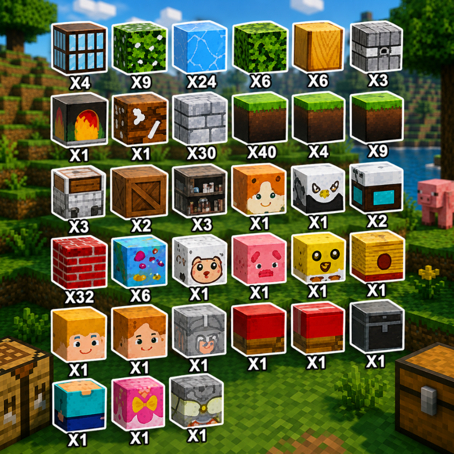 Ekran ekwipunku Minecrafta przedstawiający różne bloki i ich ilości.