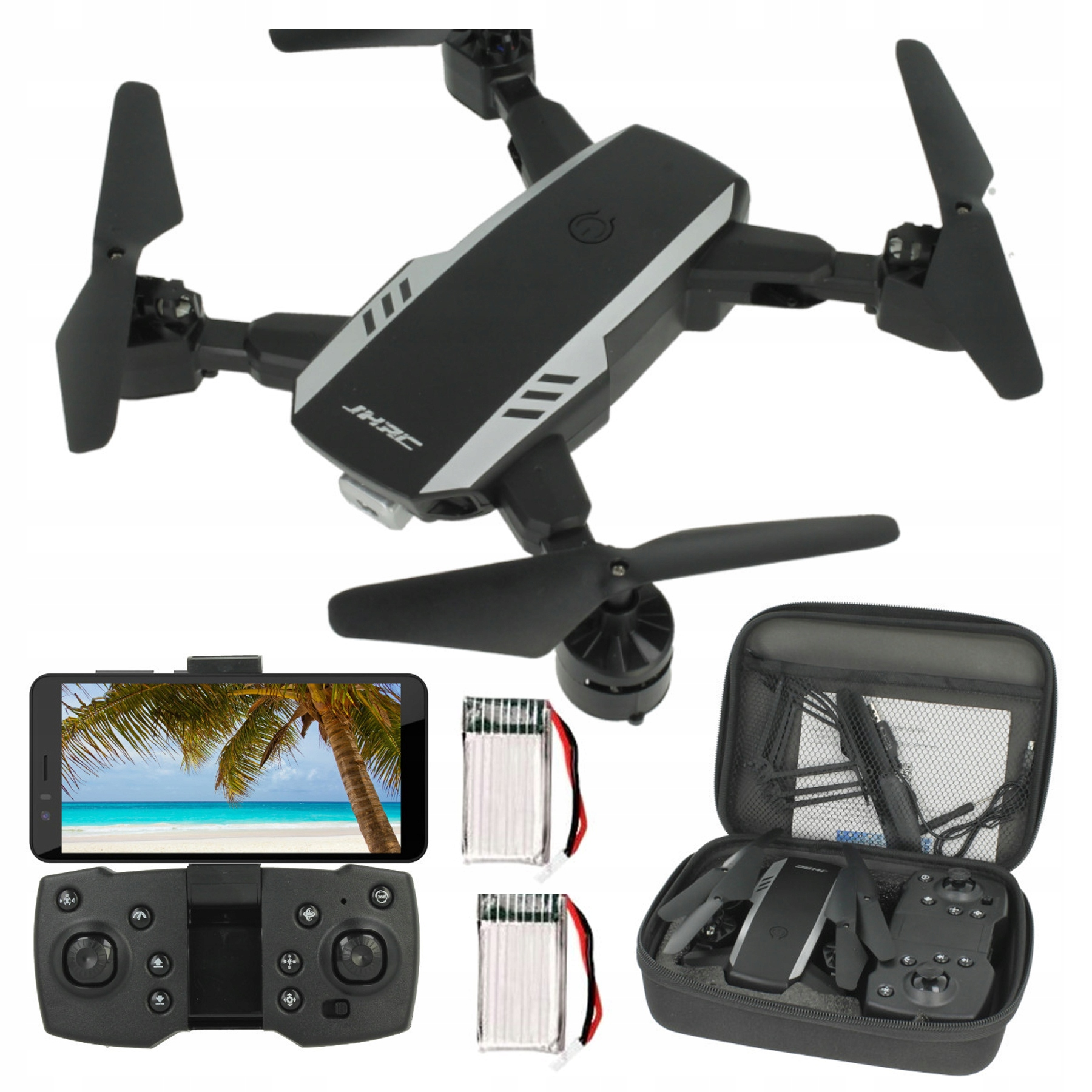 Czarny dron z pilotem, dwiema bateriami i etui na białym tle.