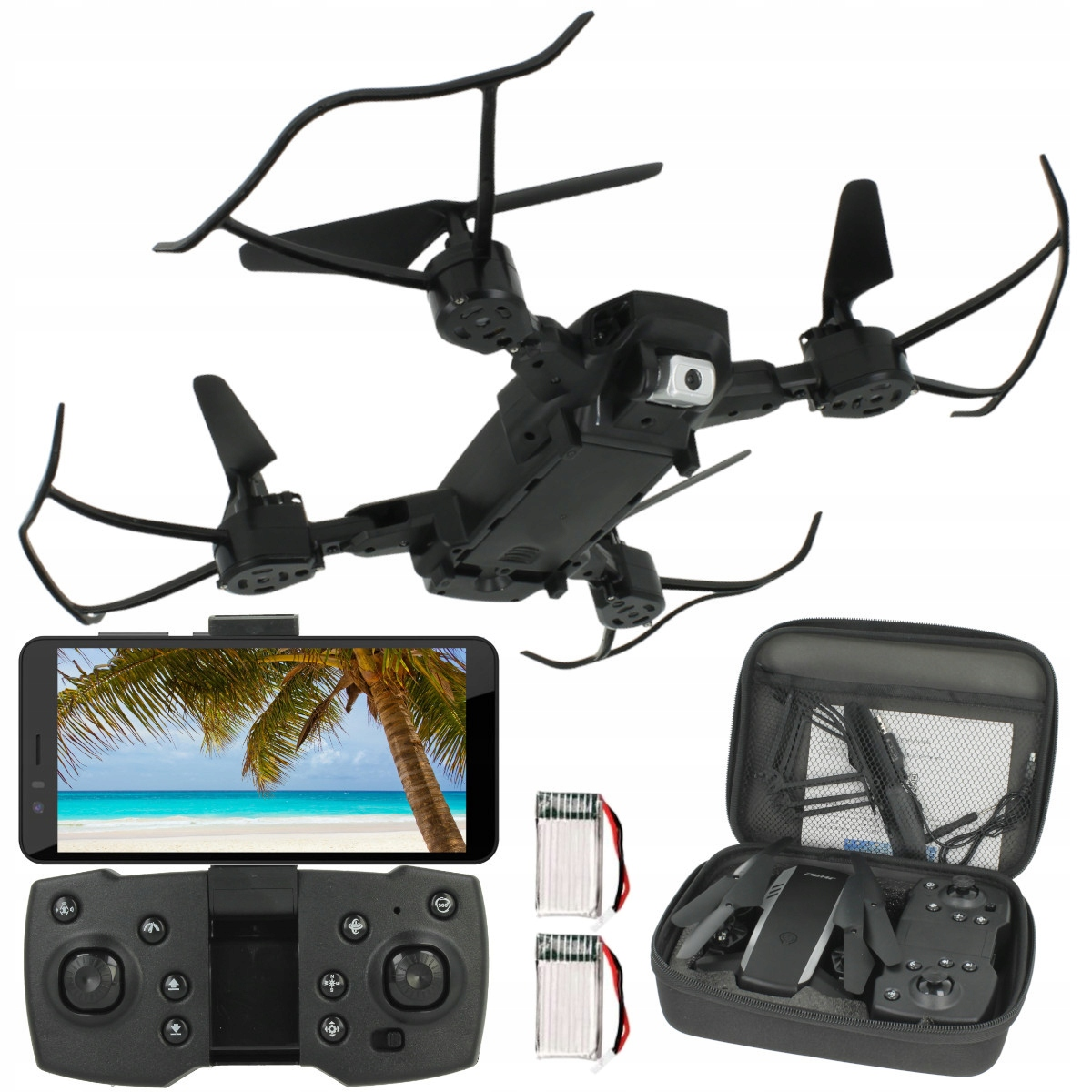 Czarny dron z osłonami, pilot, smartfon z plażą, dwie baterie i etui transportowe.