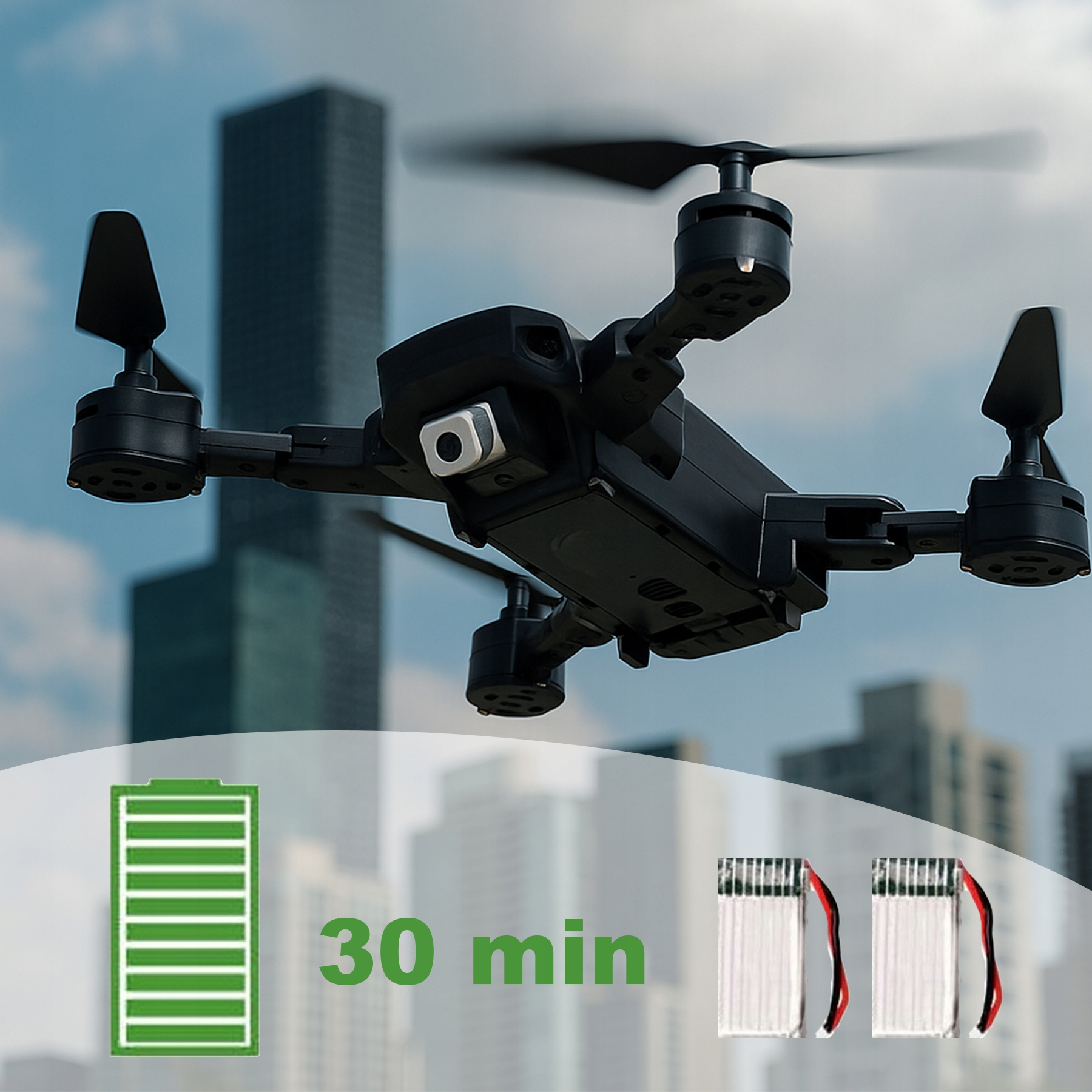 Czarny dron leci na tle budynków miasta; widoczne są dwie baterie i zielona ikona 30 min.