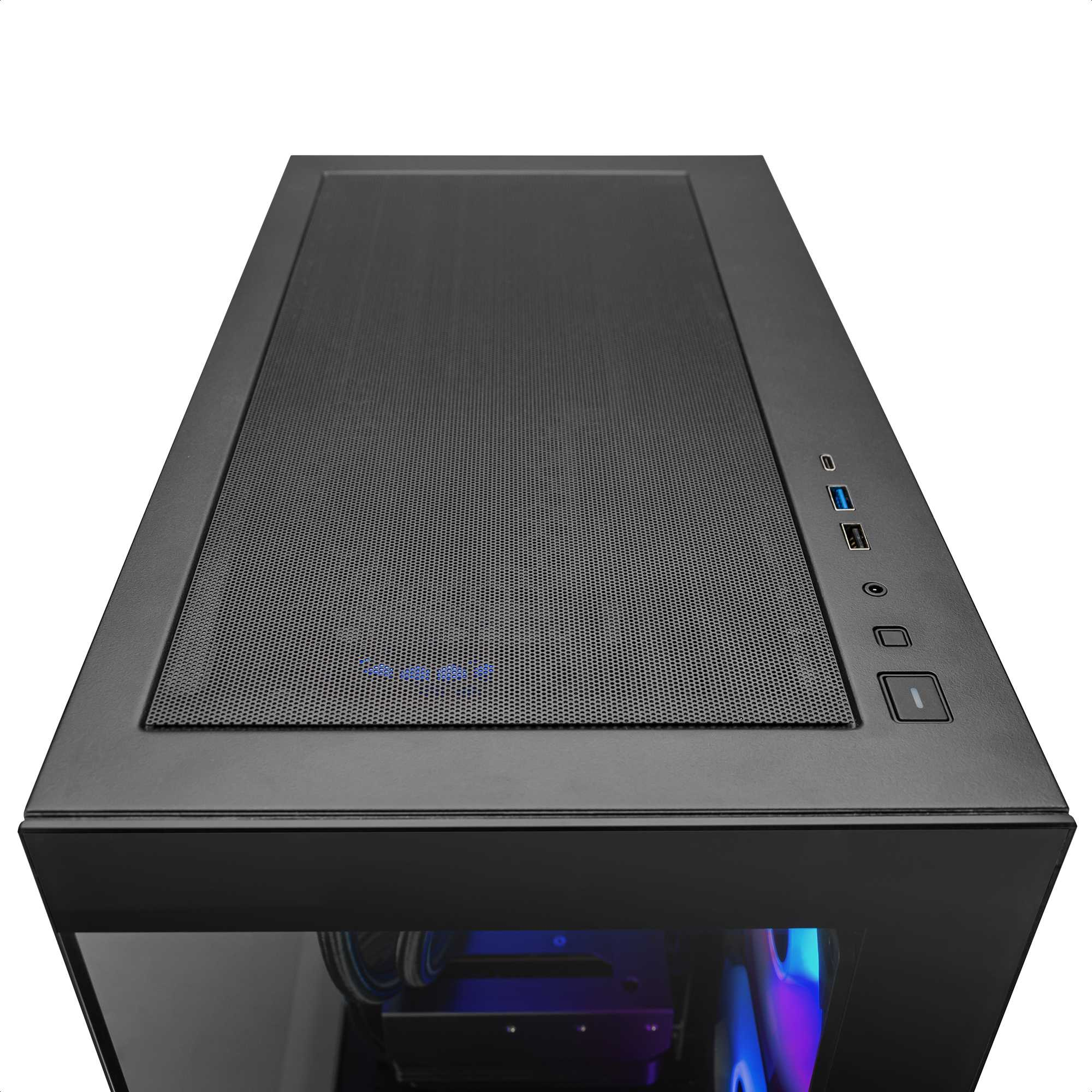 Die Oberseite eines schwarzen PC-Gehäuses mit Mesh-Gitter, Einschalttaste, USB-Anschlüssen und Audiobuchsen.