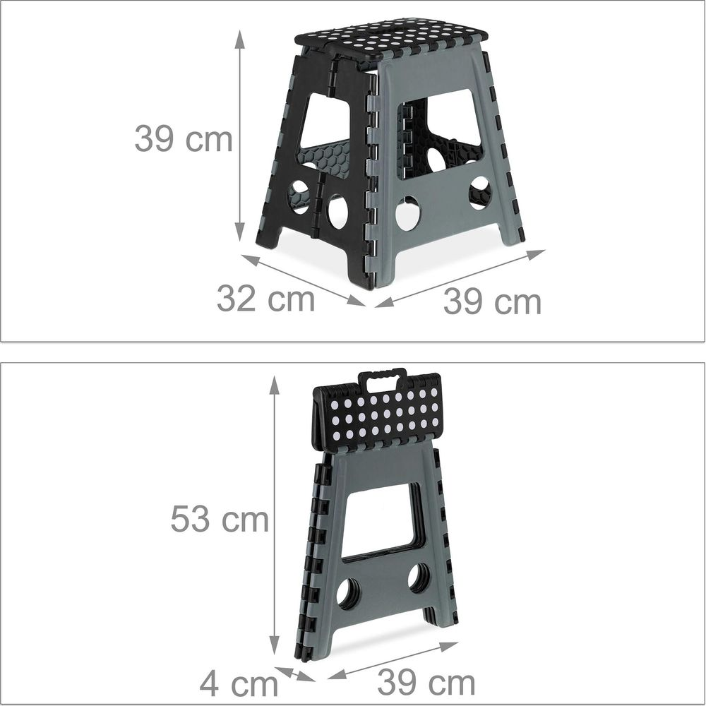 Grau-schwarzer Klapphocker mit Maßen: 39x32x39 cm geöffnet und 53x4x39 cm gefaltet.