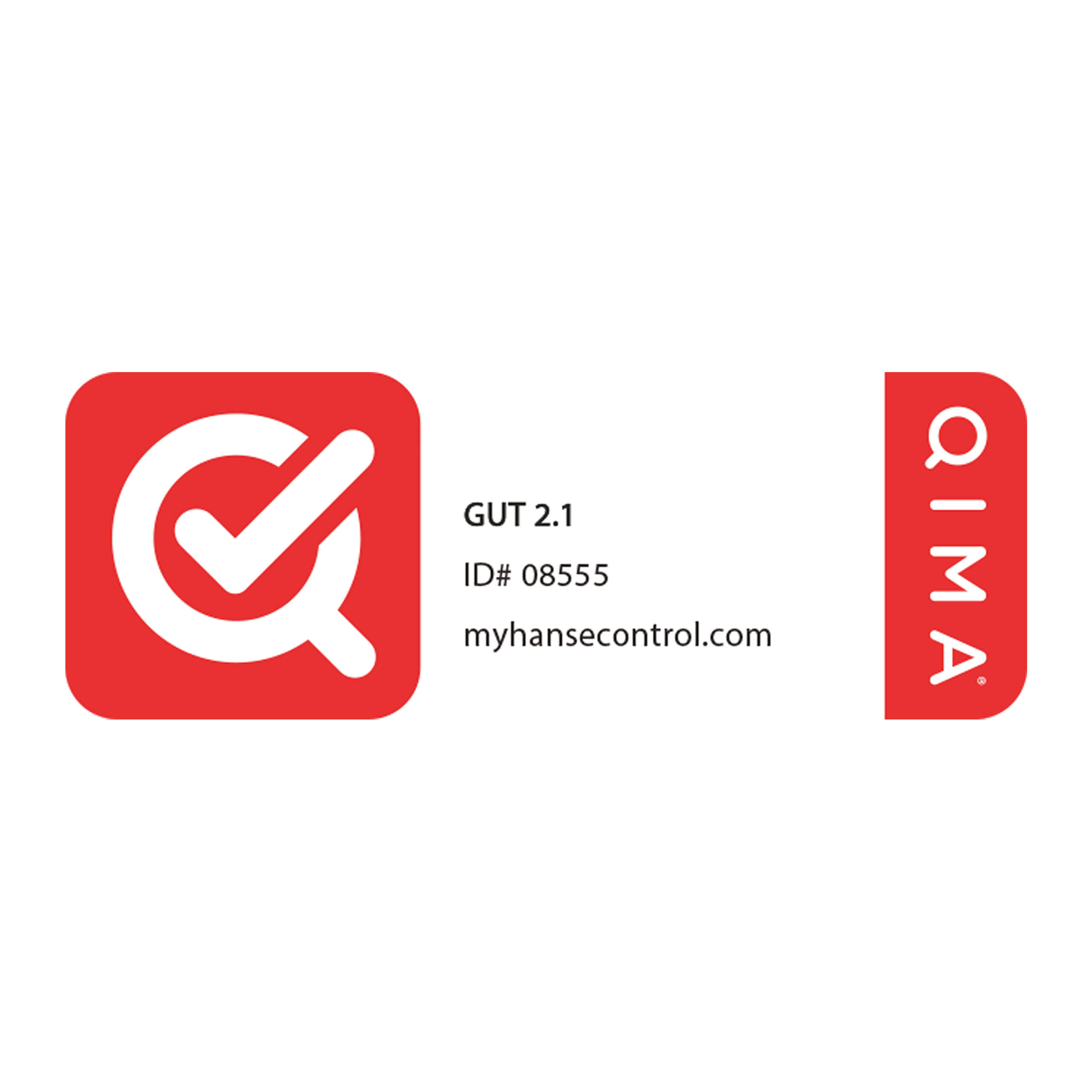 Rotes Icon mit Häkchen und QIMA-Text, mit Label GUT 2.1 und ID 08555.