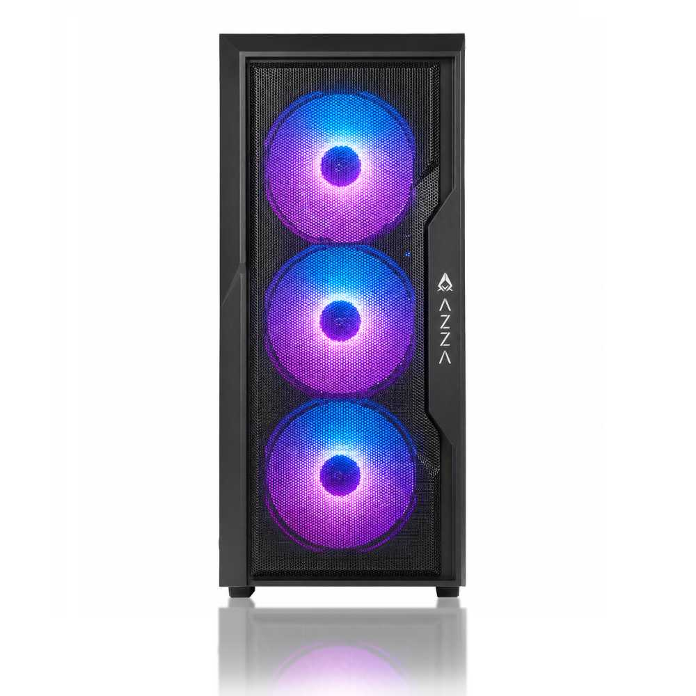 Schwarzes PC-Gehäuse mit Mesh-Front und drei blau-lila leuchtenden Lüftern.