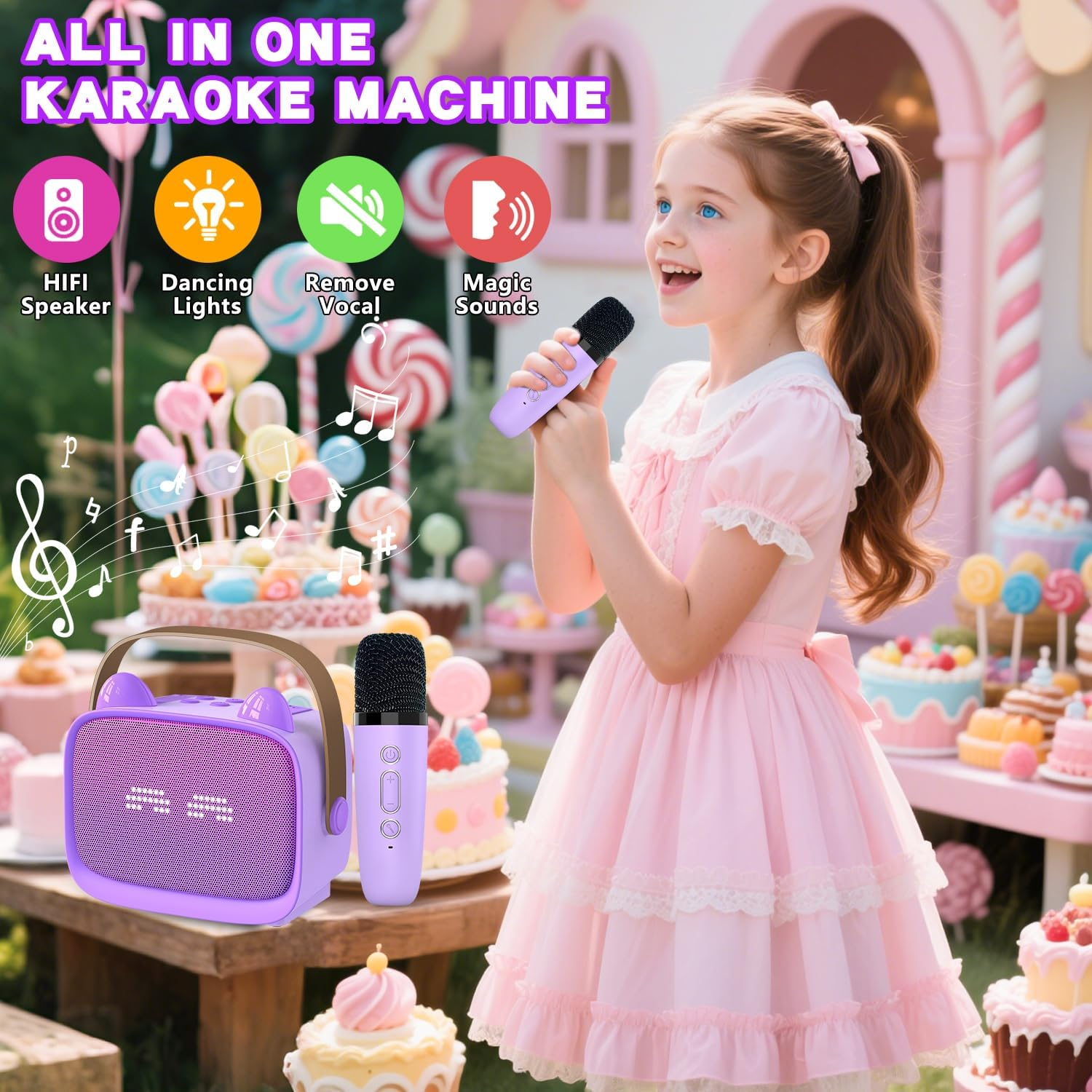 Ein junges Mädchen im rosa Kleid singt in ein Mikrofon neben einer Karaokemaschine in einer Süßigkeiten-Landschaft.