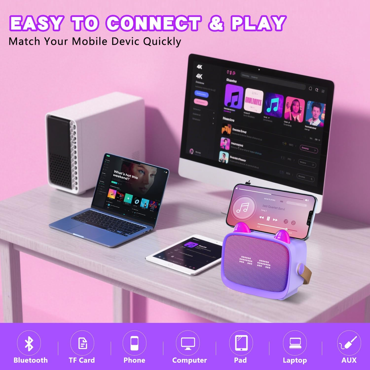 Ein Computer, Laptop, Tablet, eine kleine Soundbox und Konnektivitäts-Icons auf rosa Hintergrund.