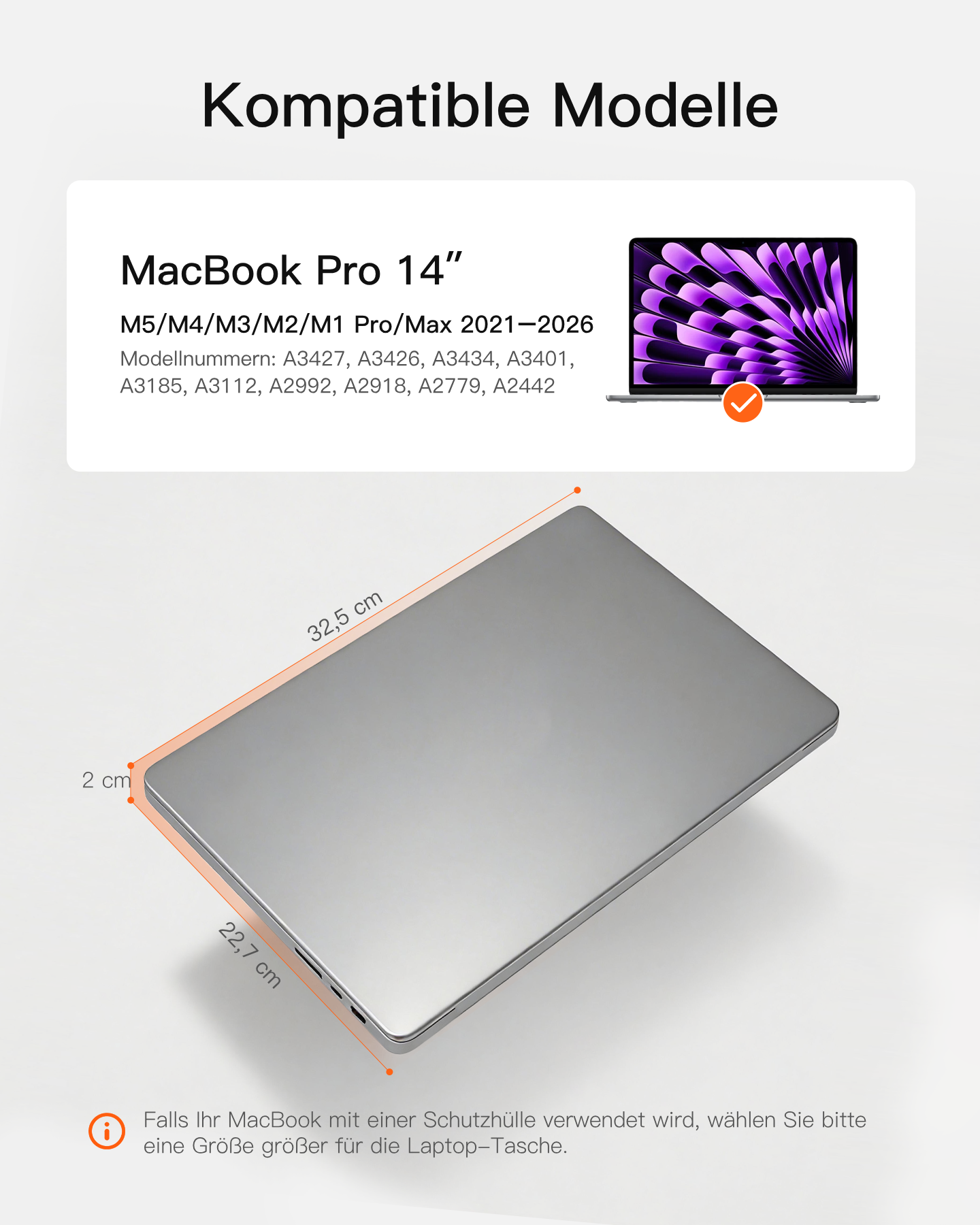 Kompatible MacBook Pro 14 Zoll Modelle mit Maßen 32,5 x 22,7 x 2 cm und Modellnummern.