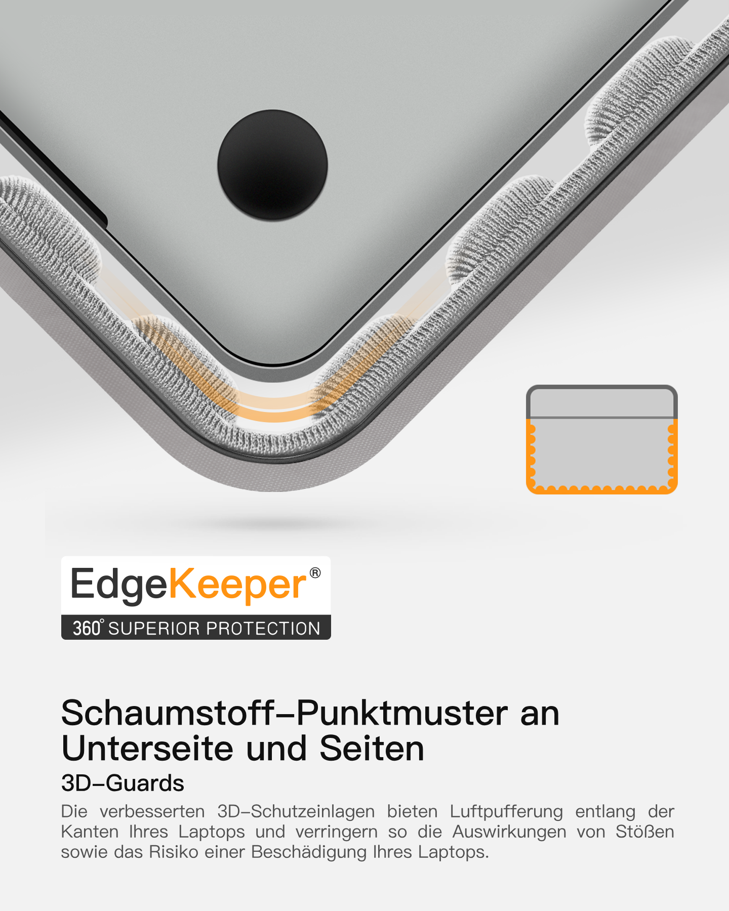 Nahaufnahme einer Laptopschutzkante mit 3D-Guards und dem EdgeKeeper-Logo.