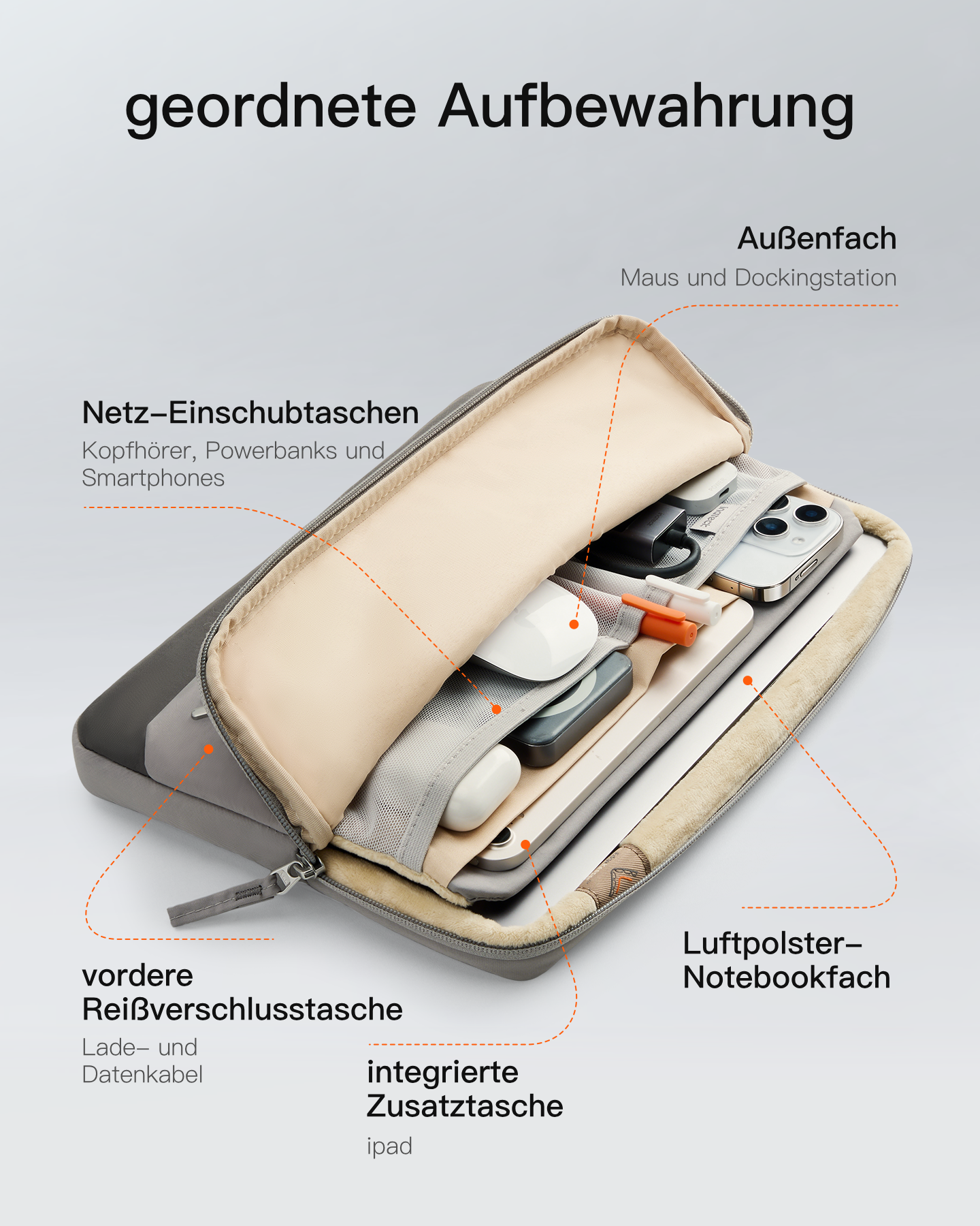 Offene graue Laptoptasche mit Organizertaschen für Zubehör und einem Notebookfach.