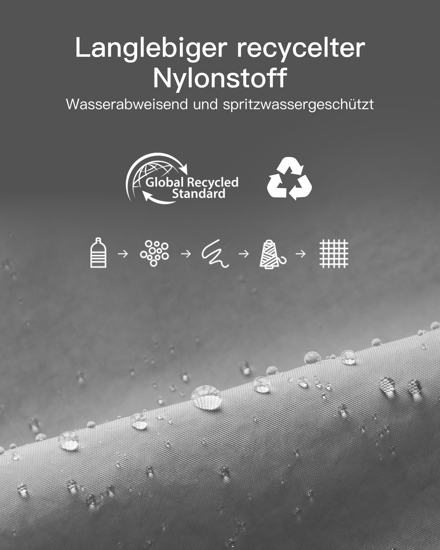Wasserabweisender recycelter Nylonstoff mit GRS-Zertifizierung und Recycling-Icons.