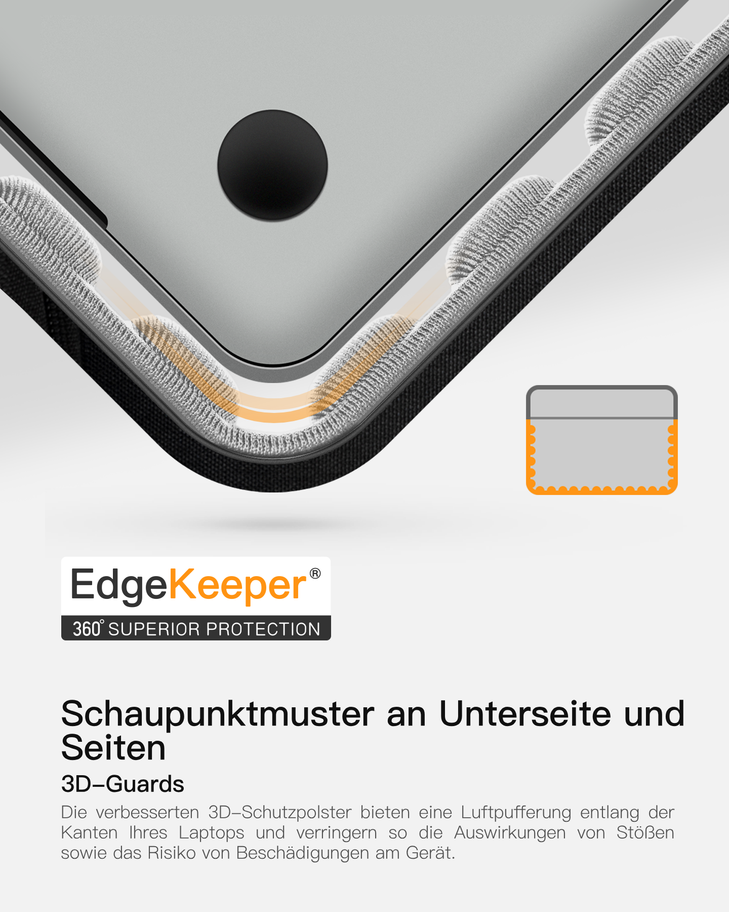 Nahaufnahme einer Laptop-Schutzhülle mit Kantenschutz und Text.
