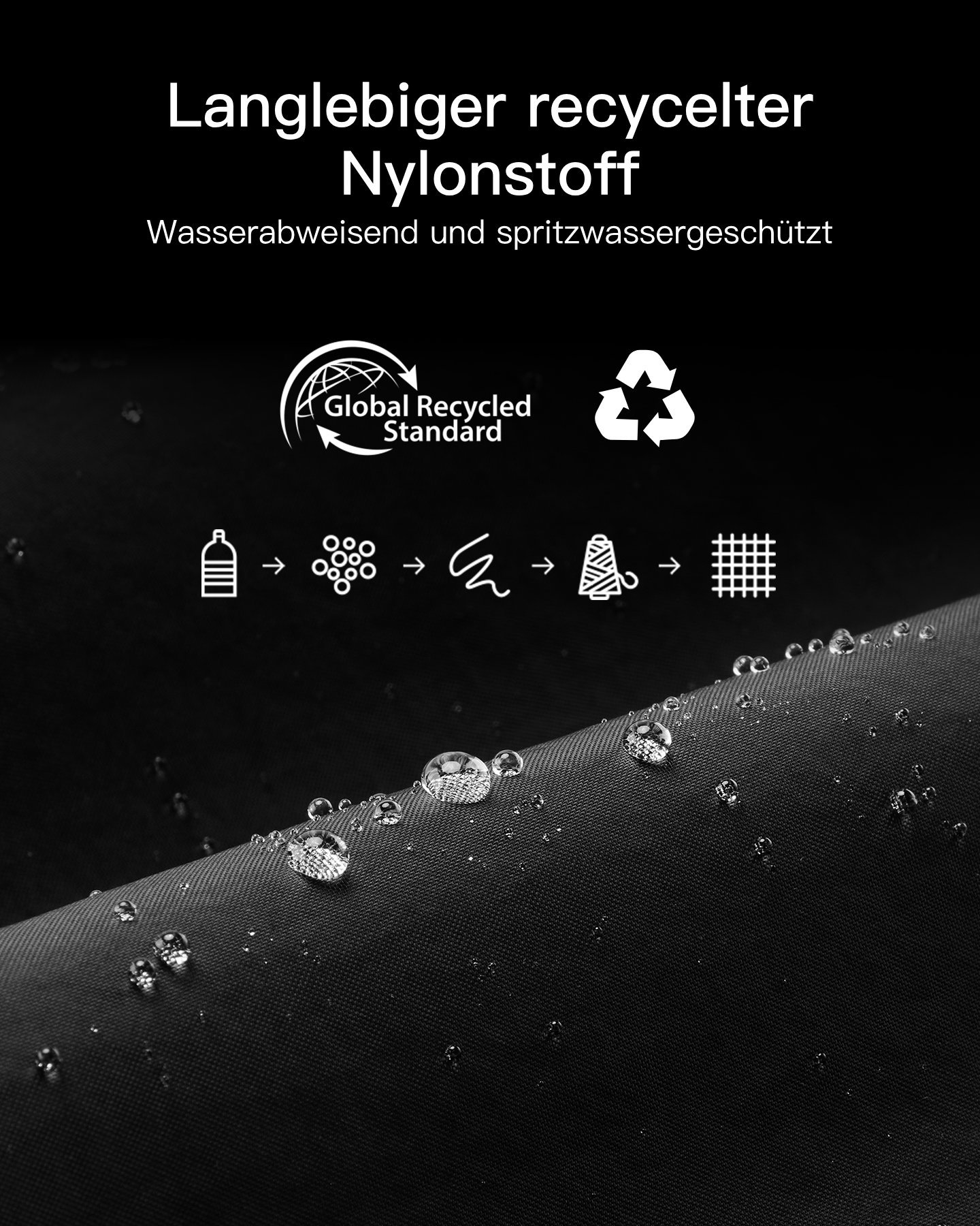 Wasserdichter Nylonstoff mit Recycling-Symbolen und Wassertropfen.
