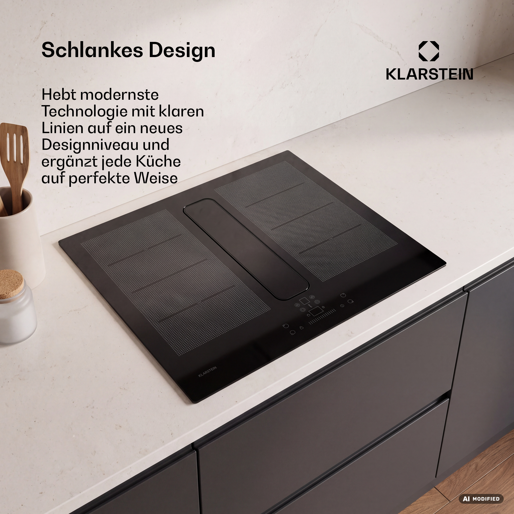 Ein schwarzes Klarstein-Induktionskochfeld mit integriertem Dunstabzug auf heller Arbeitsplatte, mit deutschem Werbetext.