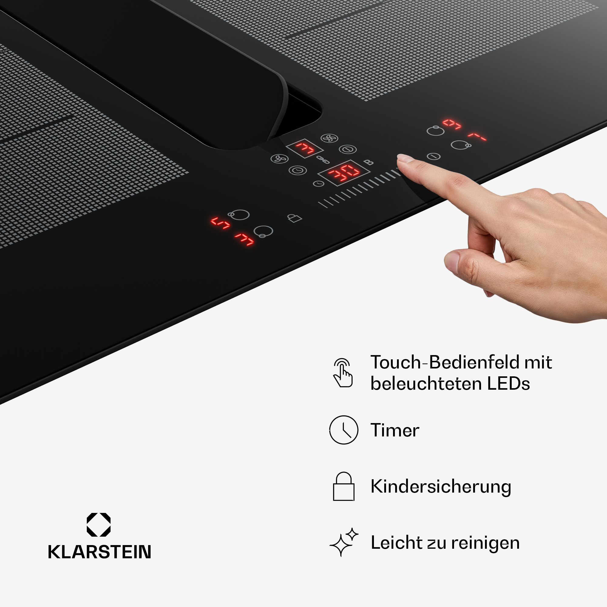 Hand bedient ein schwarzes Glaskeramik-Induktionskochfeld mit roter LED-Anzeige und Funktionen.