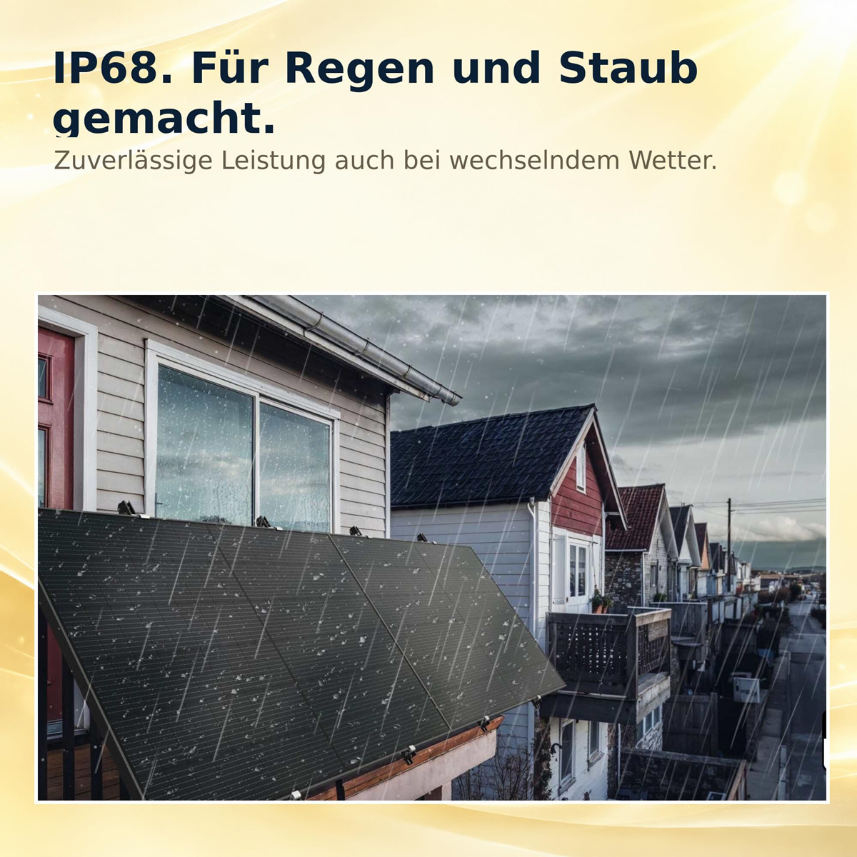 Solarpanele auf einem Balkon im Regen mit deutschem Text oben.
