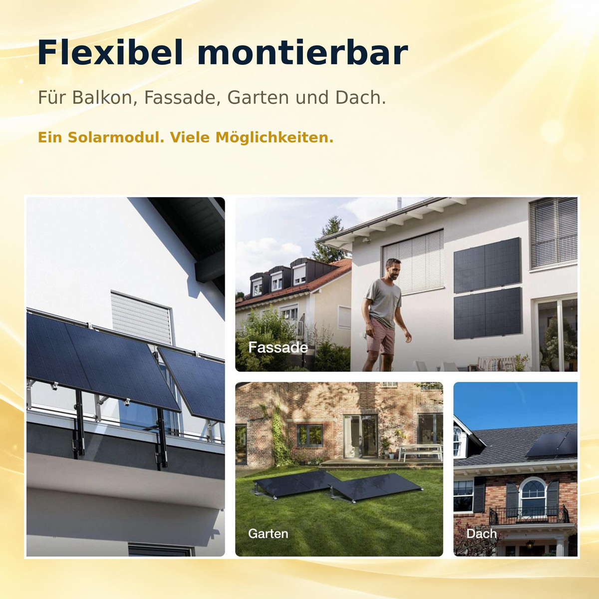 Werbung für Solarmodule mit Beispielen für die Montage an Balkon, Fassade, Garten und Dach.