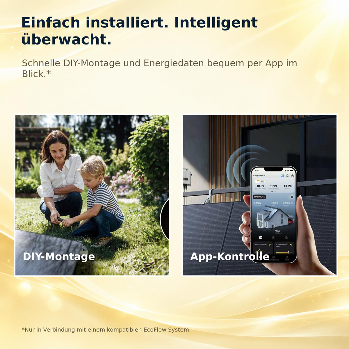 Eine Frau und ein Kind installieren Solarmodule im Gras, und ein Smartphone zeigt Energiedaten per App.
