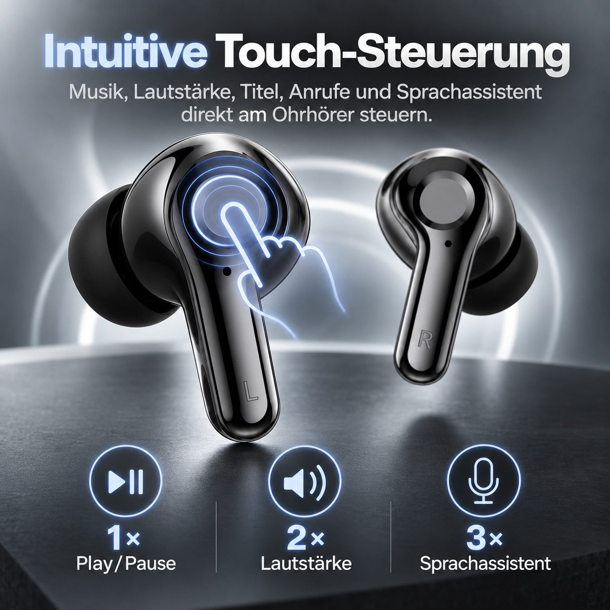 Glänzende schwarze Ohrhörer mit Touch-Steuerung, Funktionsicons für Play, Lautstärke und Sprachassistent.