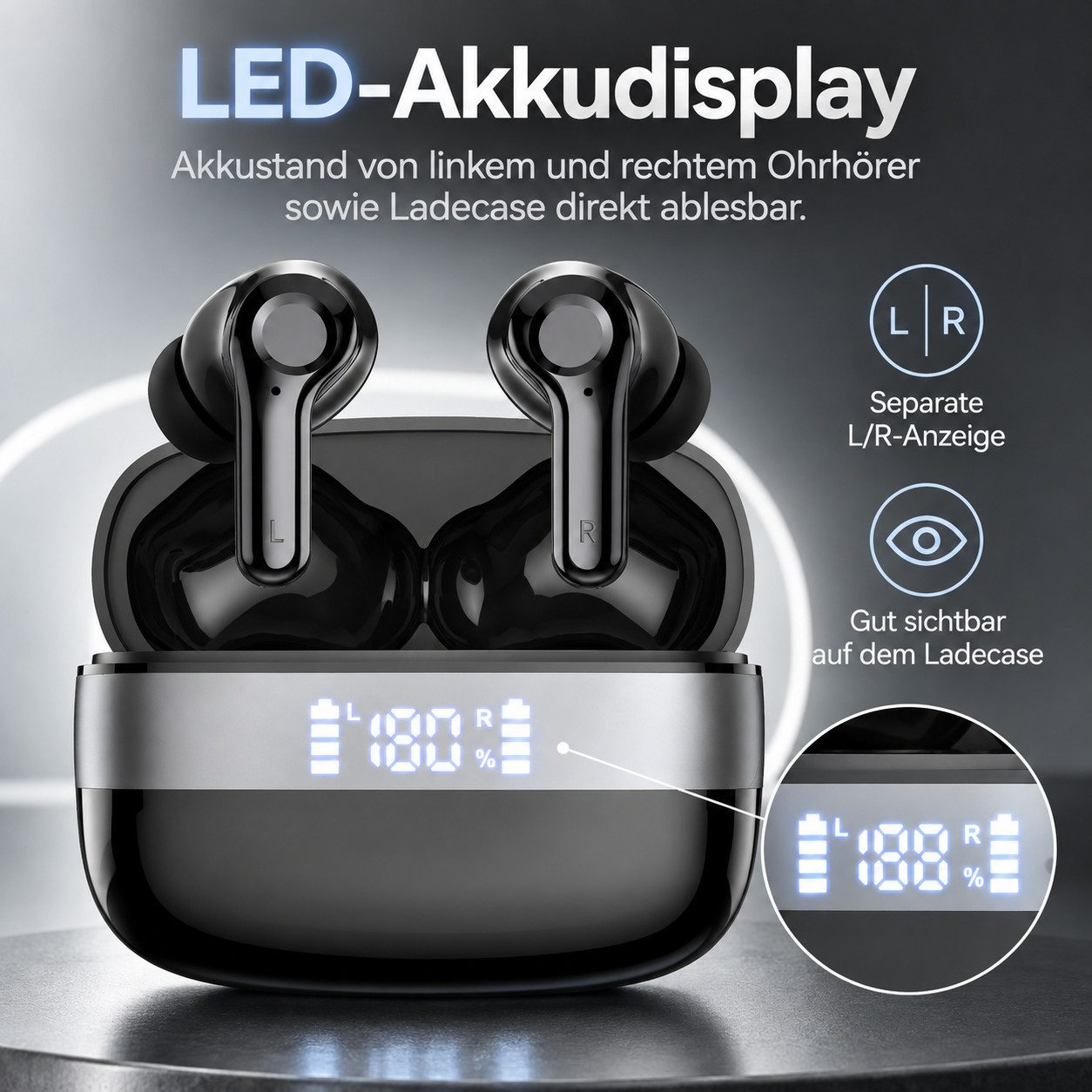 Schwarze kabellose Ohrhörer in Ladecase mit digitaler LED-Akkuanzeige.
