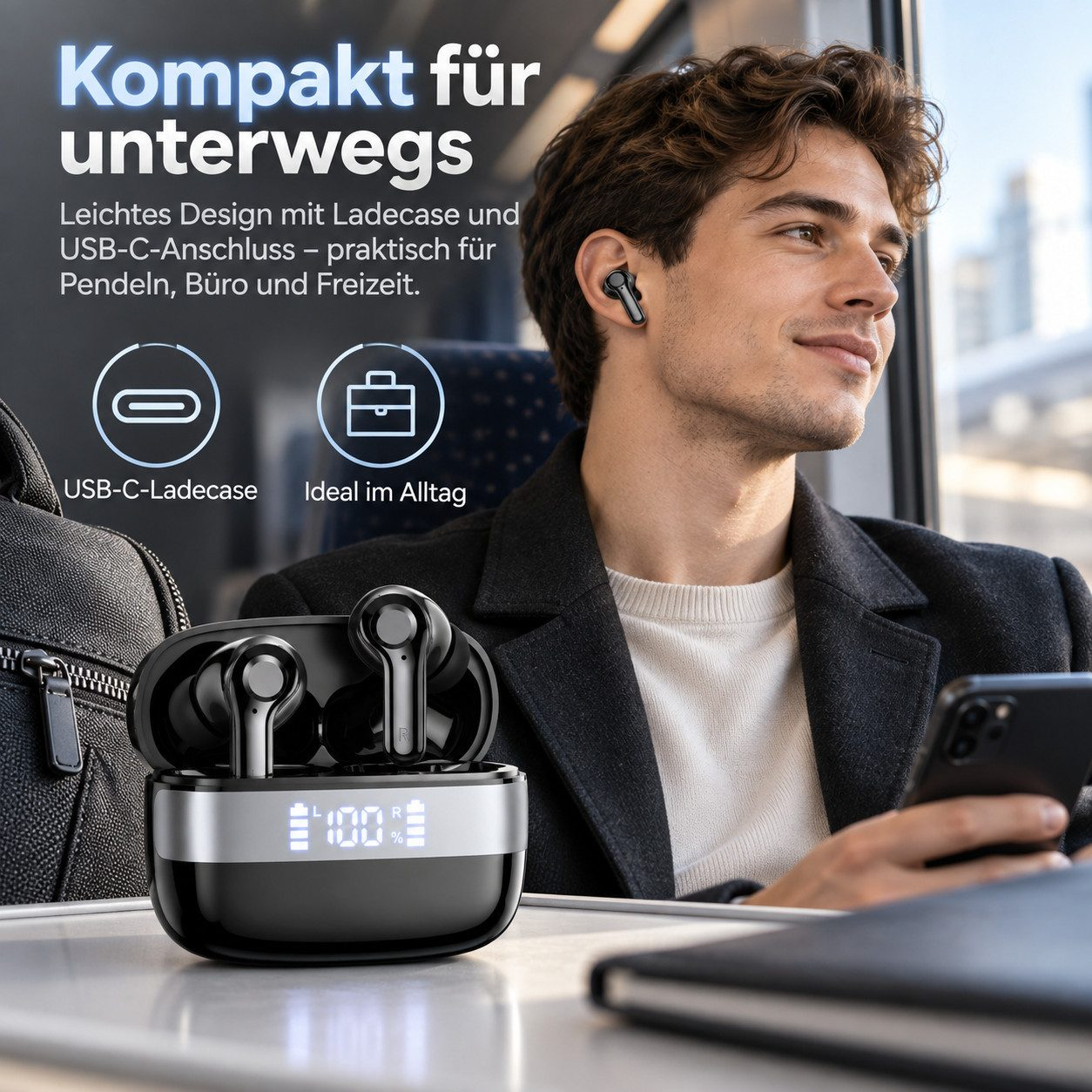 Ein Mann im Zug trägt schwarze In-Ear-Kopfhörer, das Ladecase mit Digitalanzeige steht auf dem Tisch.