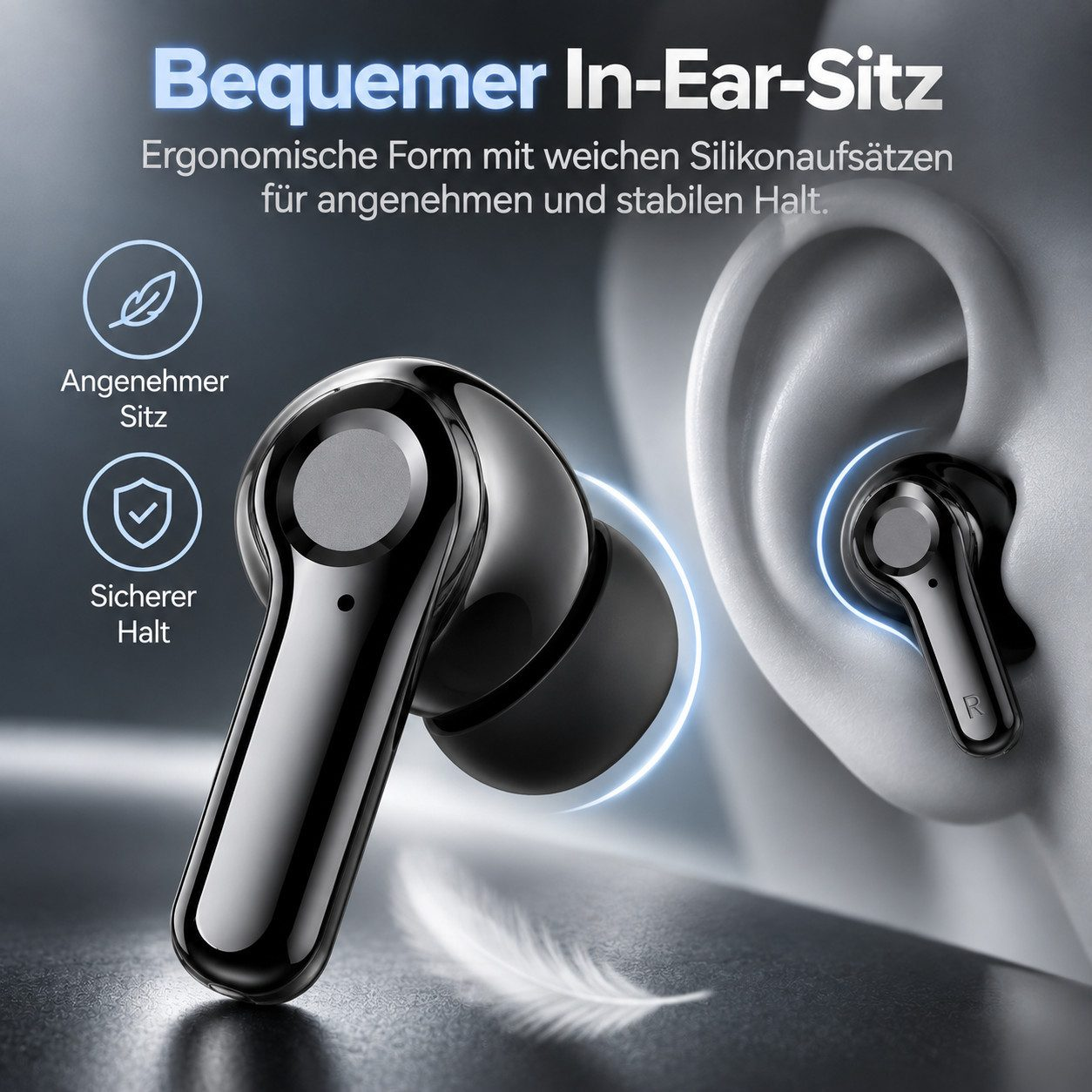 Schwarzer In-Ear-Kopfhörer mit ergonomischem Design und sicherem Sitz im Ohr.