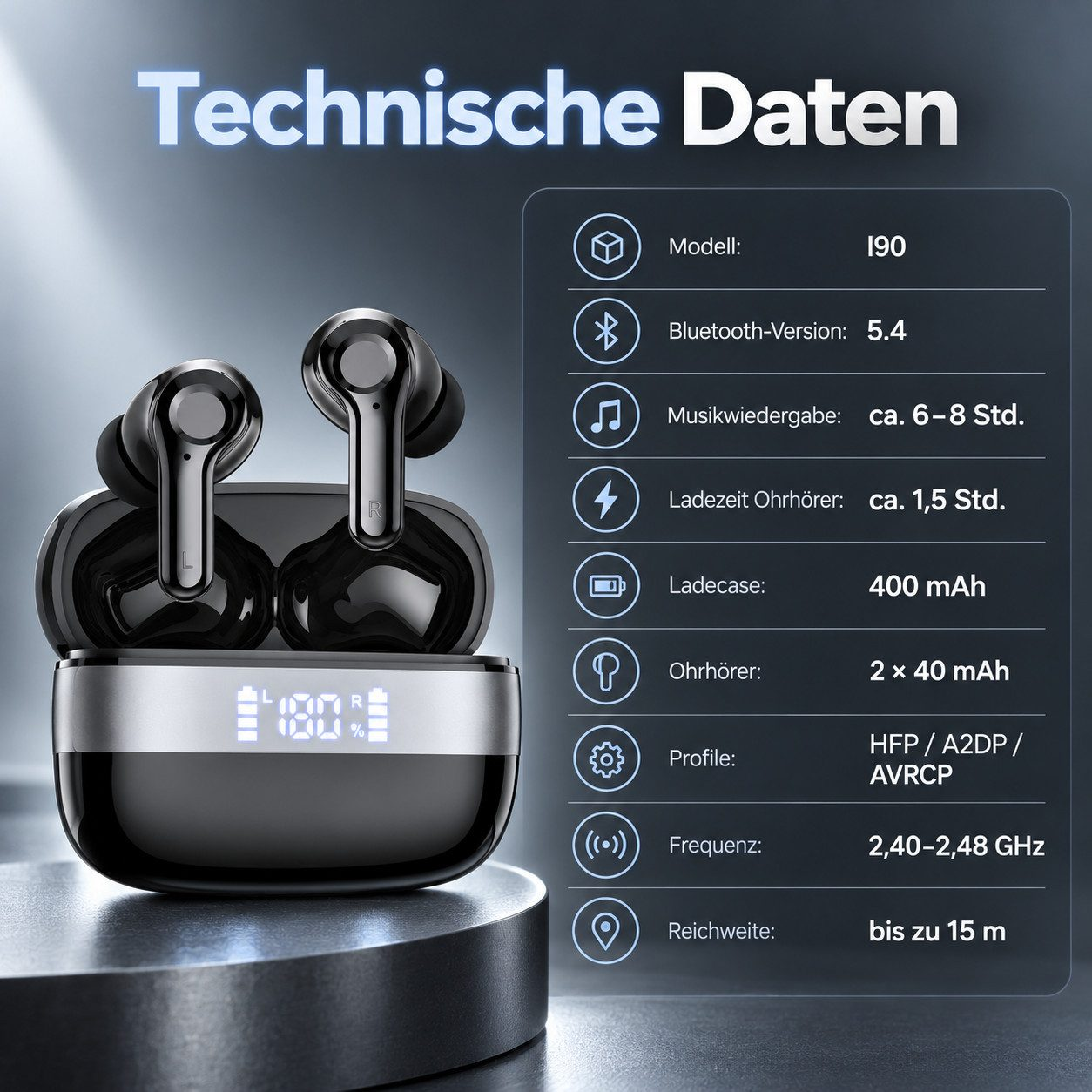 Technische Daten von schwarzen In-Ear-Kopfhörern mit Ladecase und Display.