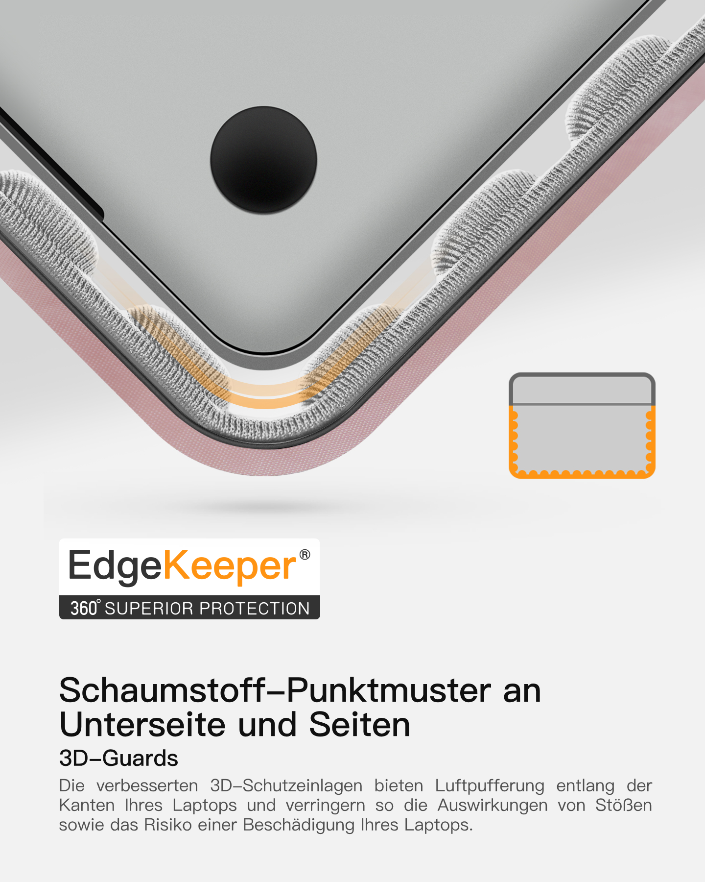 Nahaufnahme einer Laptop-Hülle mit 3D-Schutzguards an den Kanten für Stoßdämpfung und Schutz.