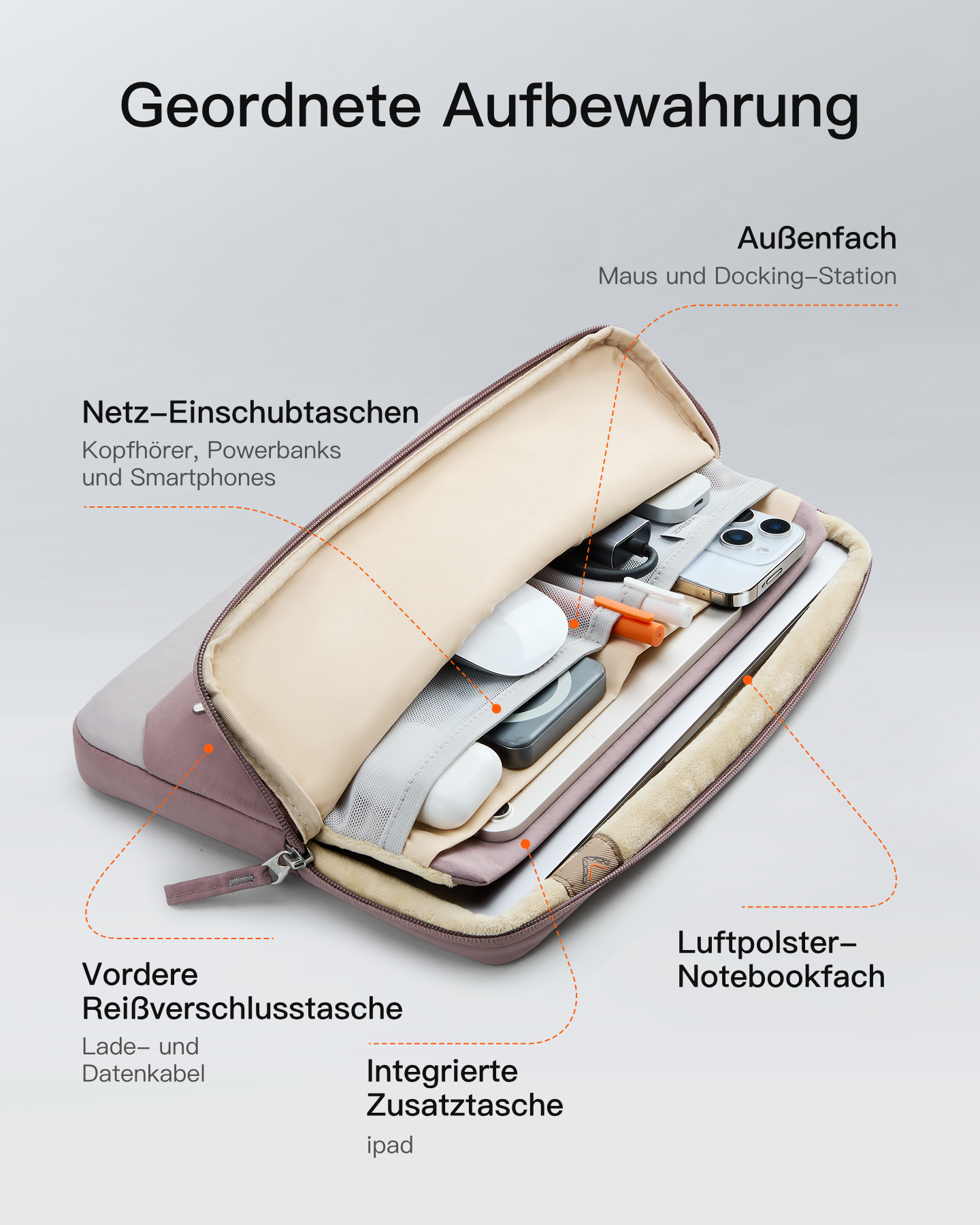 Offene Laptoptasche mit organisierten Fächern für Zubehör wie Smartphone, Maus und Kabel.