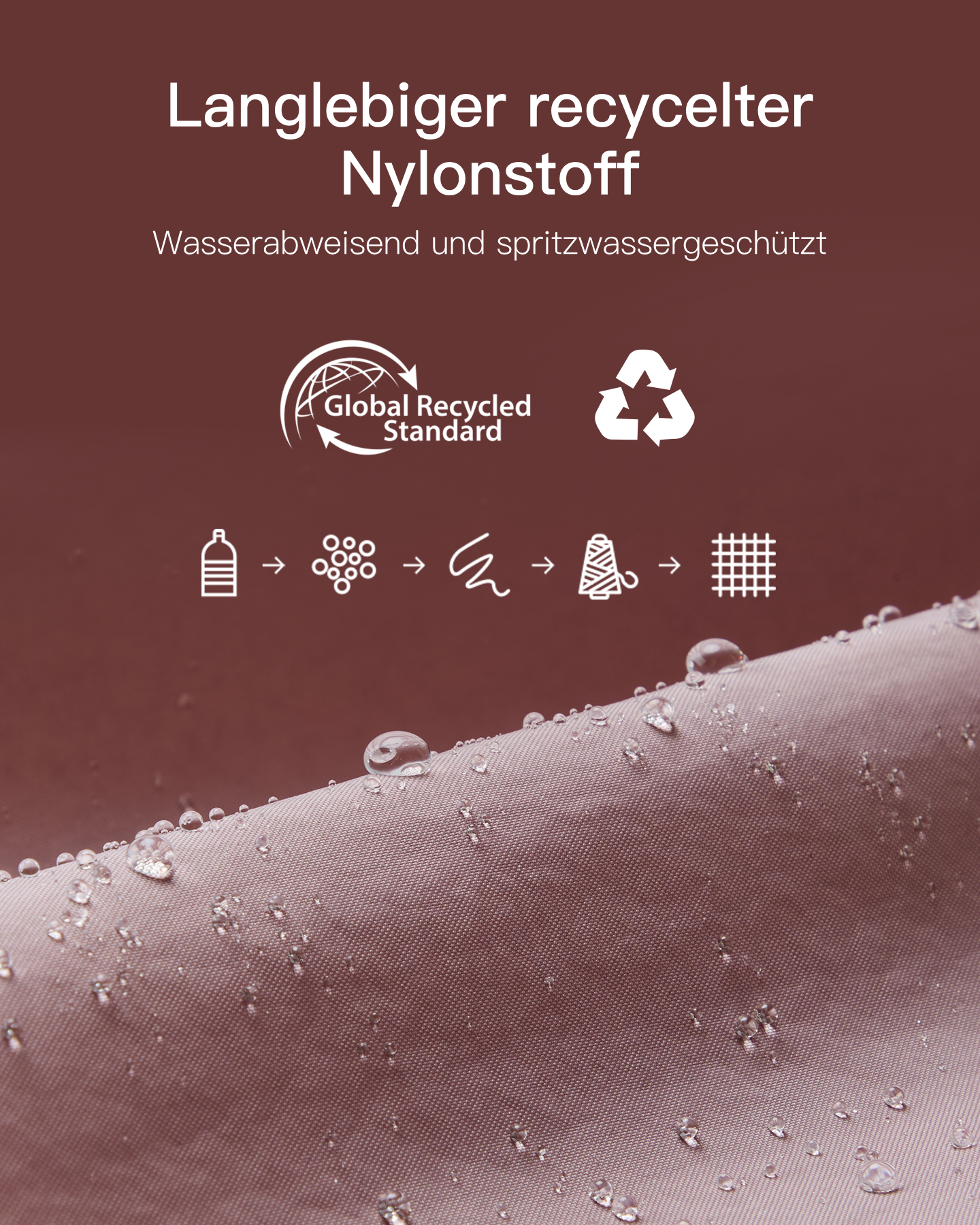 Wasserdichter, recycelter Nylonstoff mit Wassertropfen und Symbolen für Nachhaltigkeit.