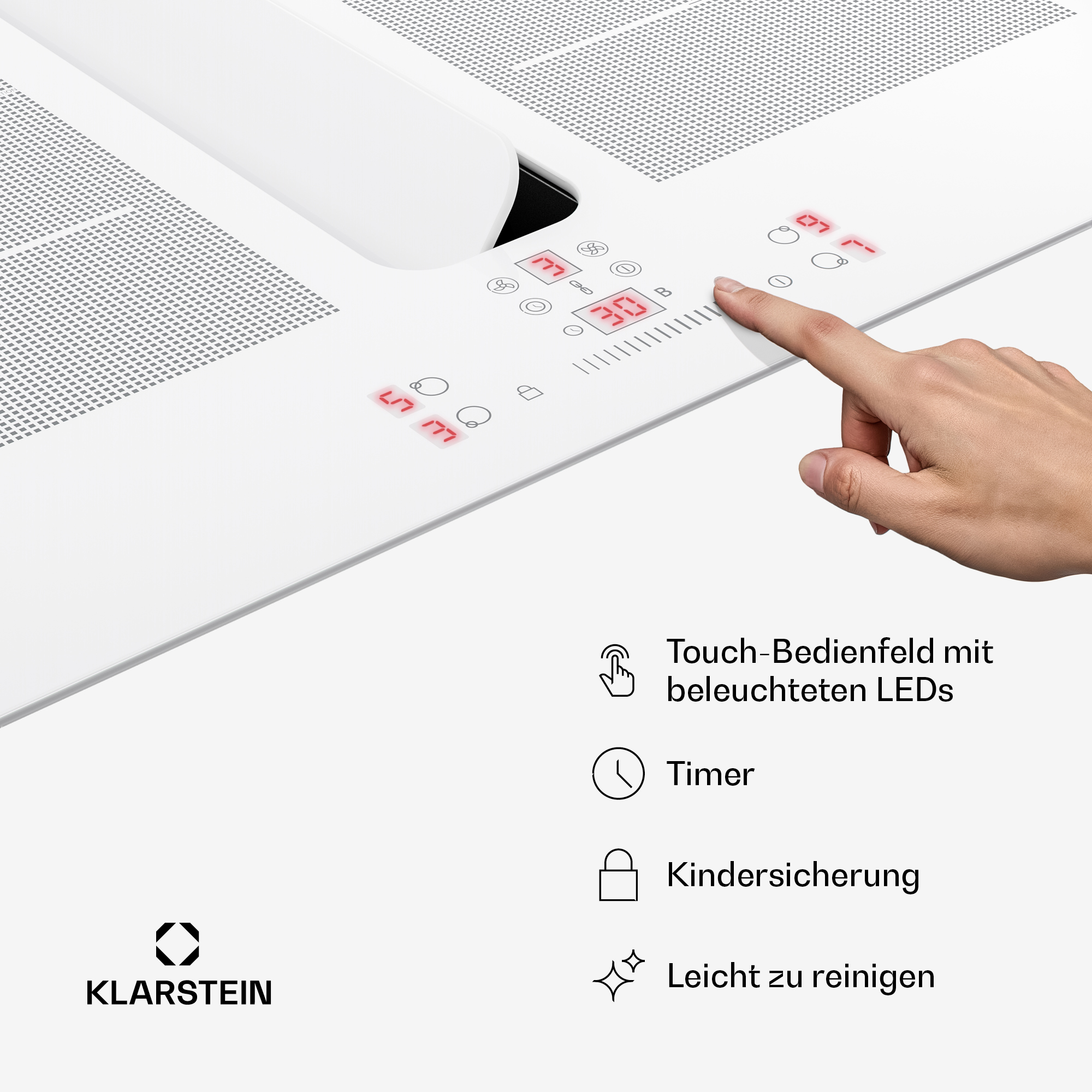 Hand bedient ein weißes Klarstein Induktionskochfeld mit Touch-Bedienfeld und LEDs.