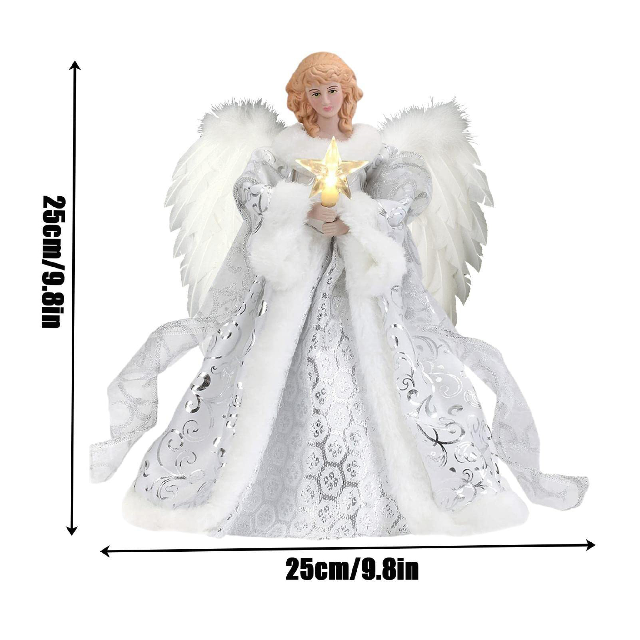 Weihnachtsengel-Figur in weißem Glitzerkleid hält einen leuchtenden Stern mit 25 cm Höhe und Breite.