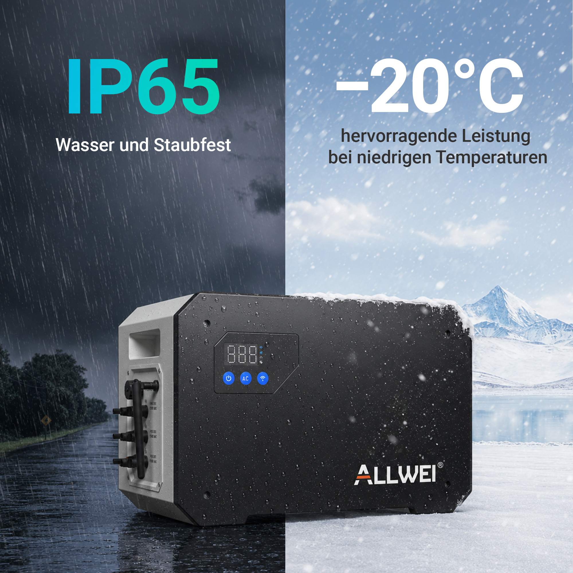 Eine ALLWEI-Powerstation in Regen und Schnee, die Wasser-, Staub- und Kälteresistenz zeigt.