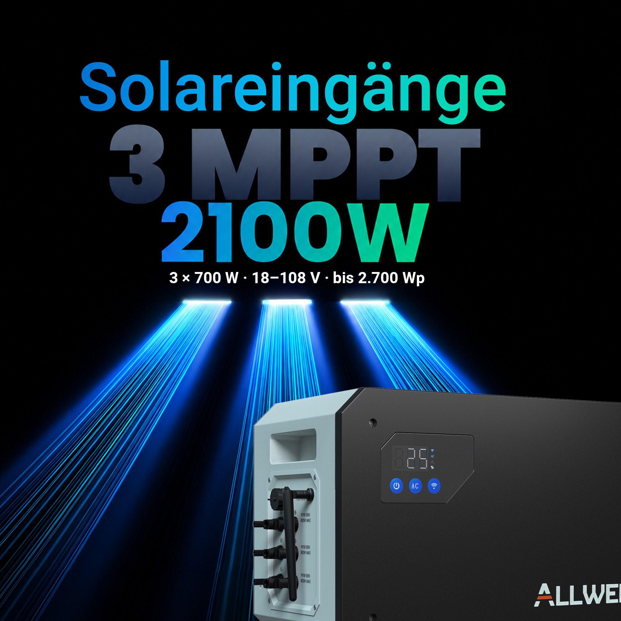 Solargenerator mit drei MPPT-Eingängen, 2100W Leistung und blauen Lichtstrahlen auf schwarzem Hintergrund.