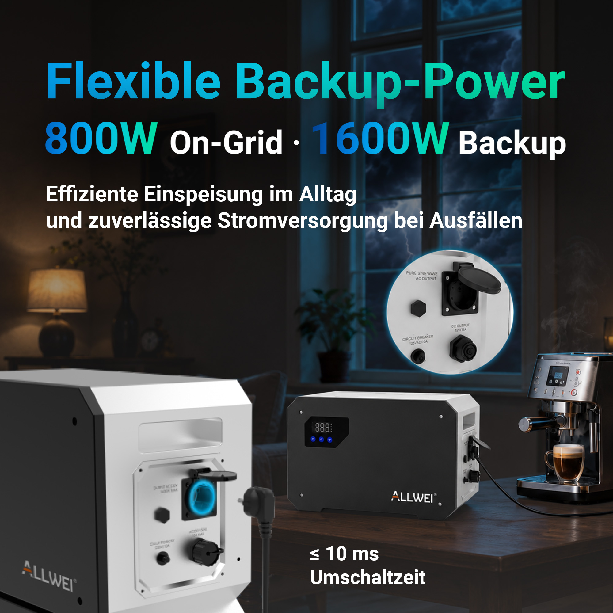 ALLWEI Notstromaggregate auf einem Tisch mit Kaffeemaschine und Text über Backup-Power.