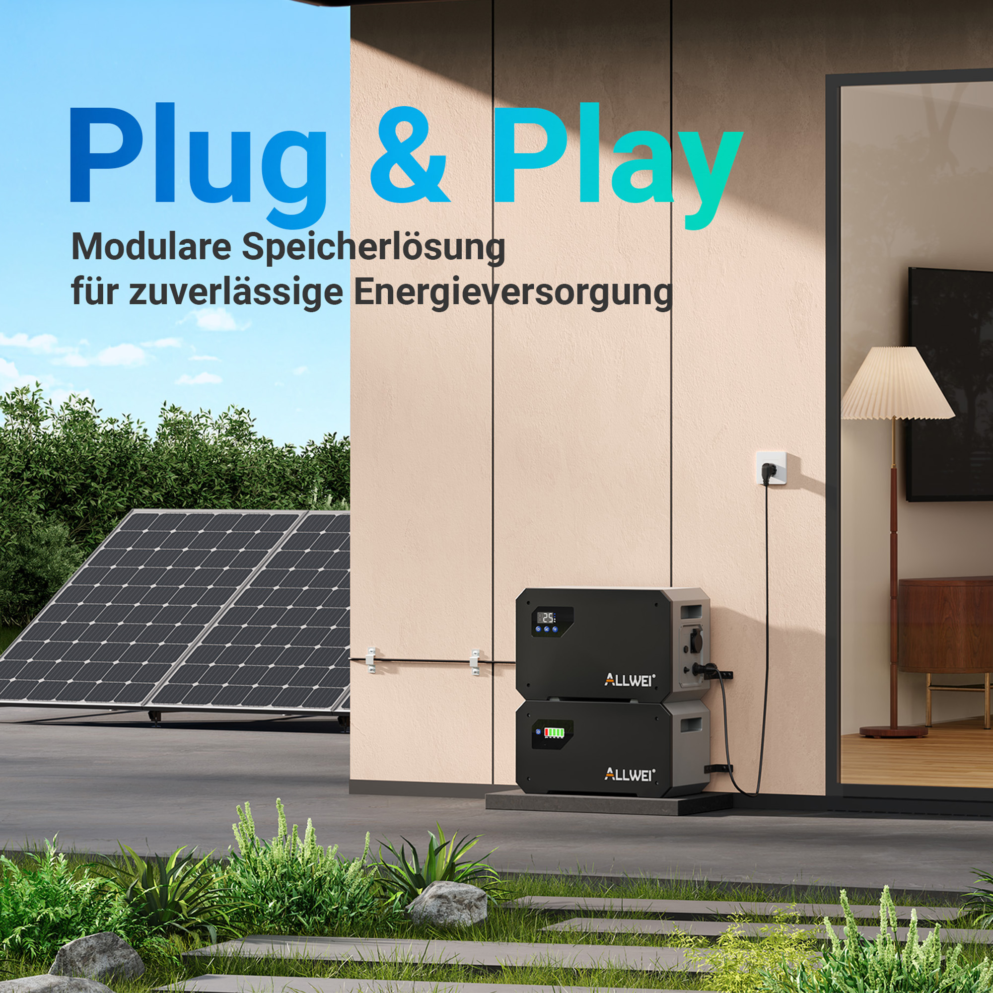 Modulare Solarspeicherlösung Allwei außen am Haus, verbunden mit Solarmonitoren und einer Steckdose.